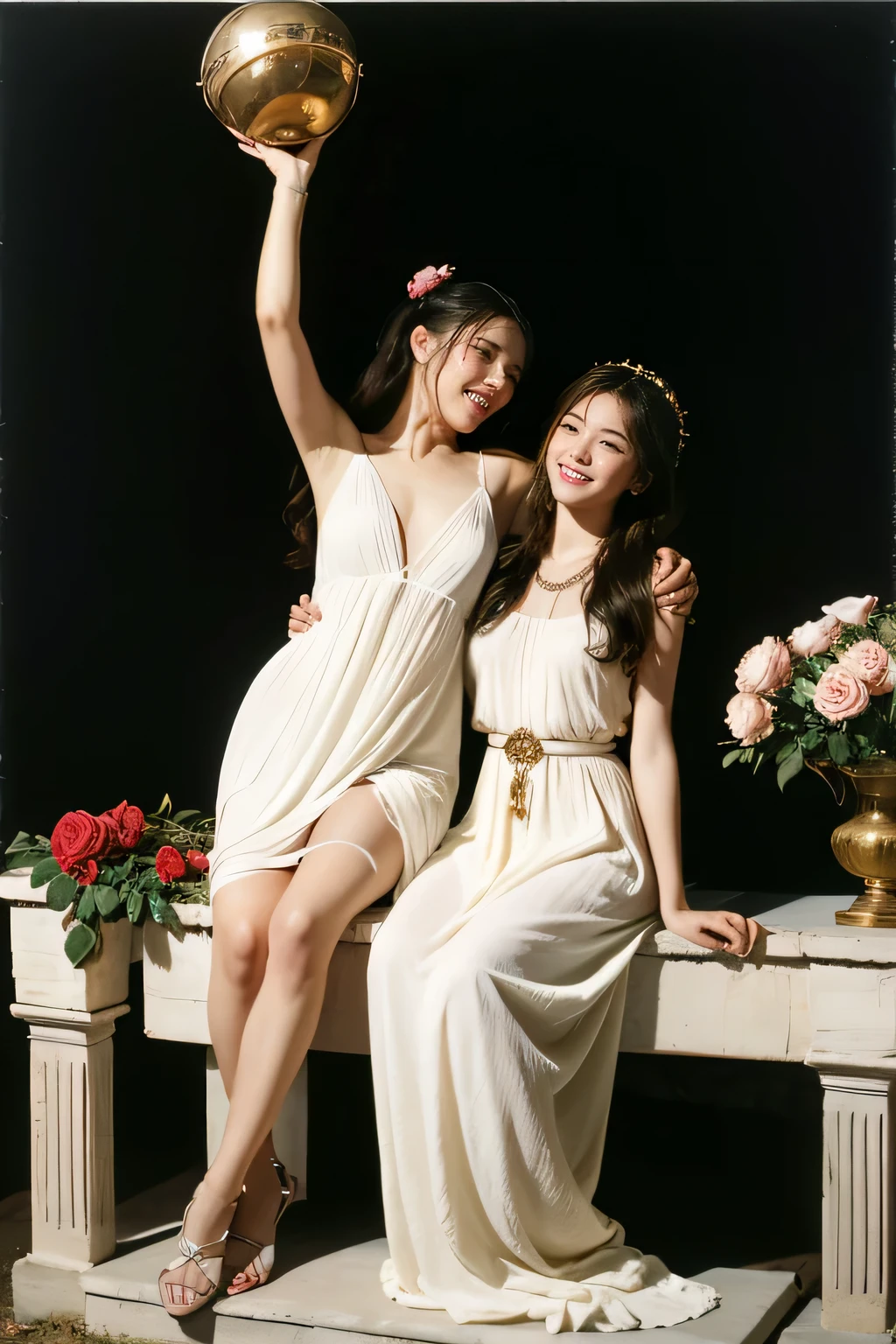 full body portrait or statue、Giorgione painting style,Arguments of two female Philosophe,math、astronomical machine、astronaut、roses in vase、fruits、Cute trinkets、smile、ancient greek costume、Ancient Roman landscape in the style of Nicolas Poussin,laughter,,Sweet and seductive appearance.、Caravaggio's paintings、Chiaroscuro of Caravaggio、hair tousled by the wind,Two women frolicking,cute smile, expression of ecstasy,Sexy,erotic