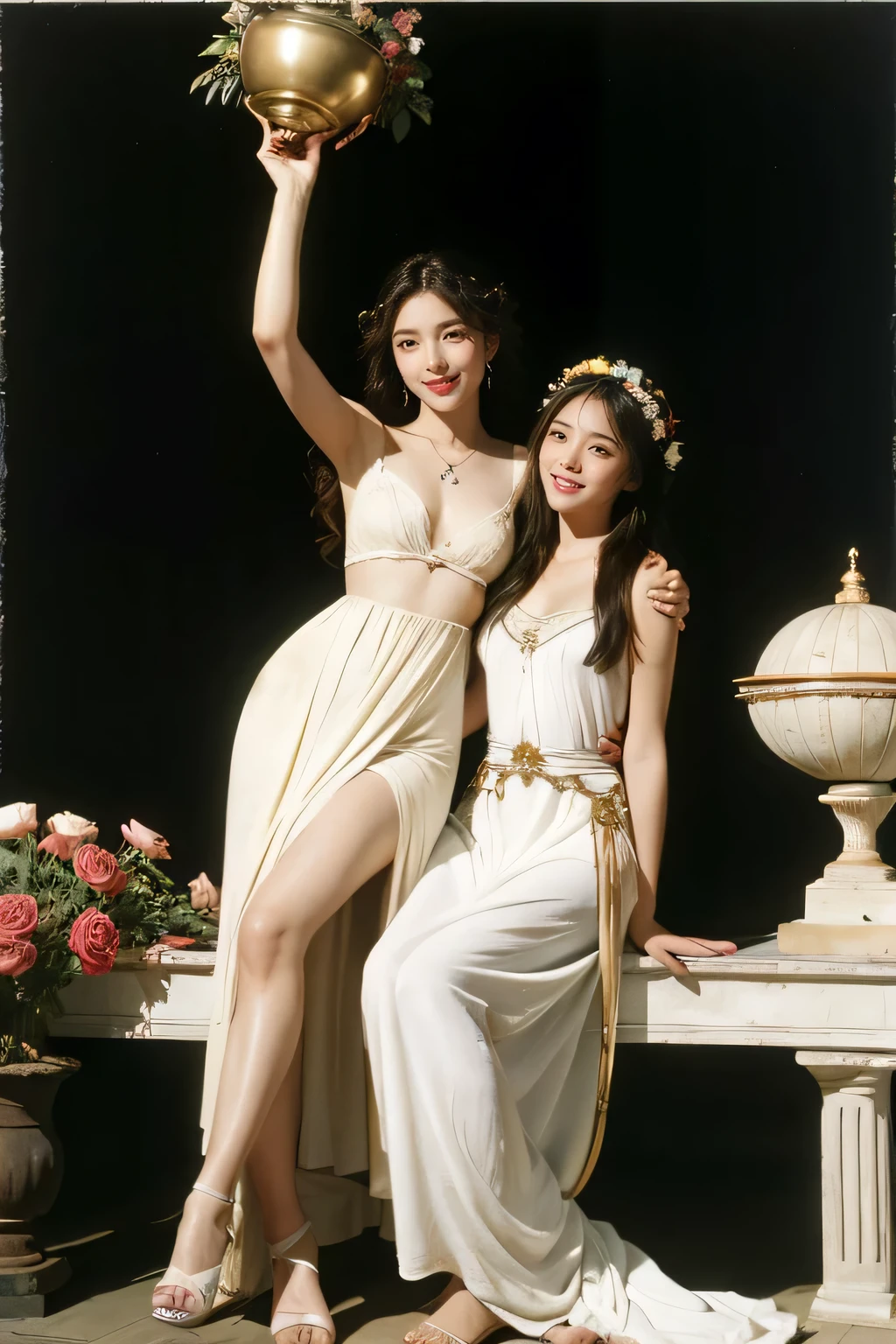 full body portrait or statue、Giorgione painting style,Arguments of two female Philosophe,math、astronomical machine、astronaut、roses in vase、fruits、Cute trinkets、smile、ancient greek costume、Ancient Roman landscape in the style of Nicolas Poussin,laughter,,Sweet and seductive appearance.、Caravaggio's paintings、Chiaroscuro of Caravaggio、hair tousled by the wind,Two women frolicking,cute smile, expression of ecstasy,Sexy,erotic