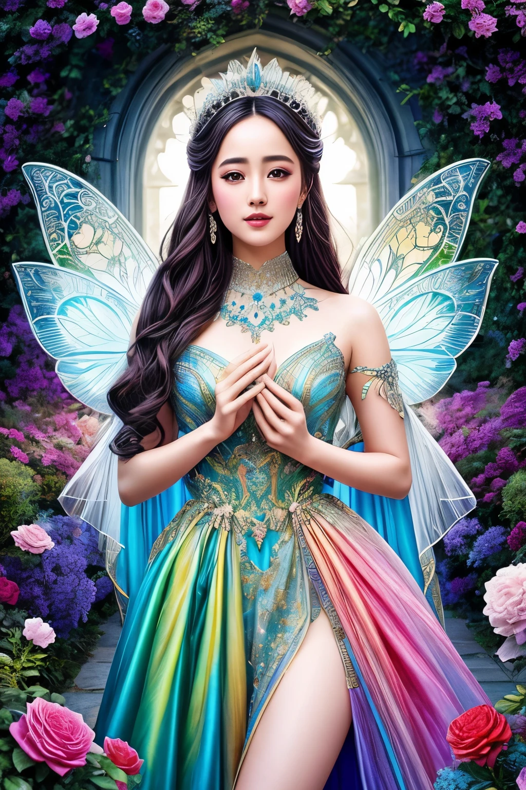 In an enchanting garden, the symmetrical beauty of Dilraba Dilmurat comes alive as she embodies a mesmerizing Fairy. Her large, ethereal butterfly wings, transparent as can be, glisten with a magical glow, complementing her snowy hair that seems to radiate its own light. Draped in a dress crafted from the colors of the rainbow, every hue vivid and vibrant, she captivates all who lay eyes upon her. The ultra HD depiction of this scene showcases a level of realism that is unparalleled, with every intricate detail brought to life in stunning clarity. The UHD drawing, meticulously created with pen and ink, exhibits a perfect composition that effortlessly draws the viewer into the realm of this fantastical world. The art