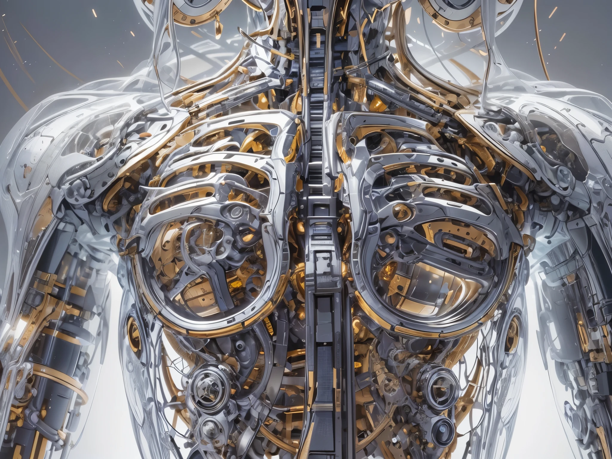 A detailed view of a human torso seamlessly integrated with engine parts, where muscle fibers merge into metallic components and pistons. The image captures the torso in a state of motion, with mechanical parts visible beneath a translucent layer of skin. The lighting is soft yet focused, highlighting the contrast between organic and inorganic materials. The background is minimalist, drawing all attention to the complexity of the hybrid anatomy --ar 3:4 --stylize 200