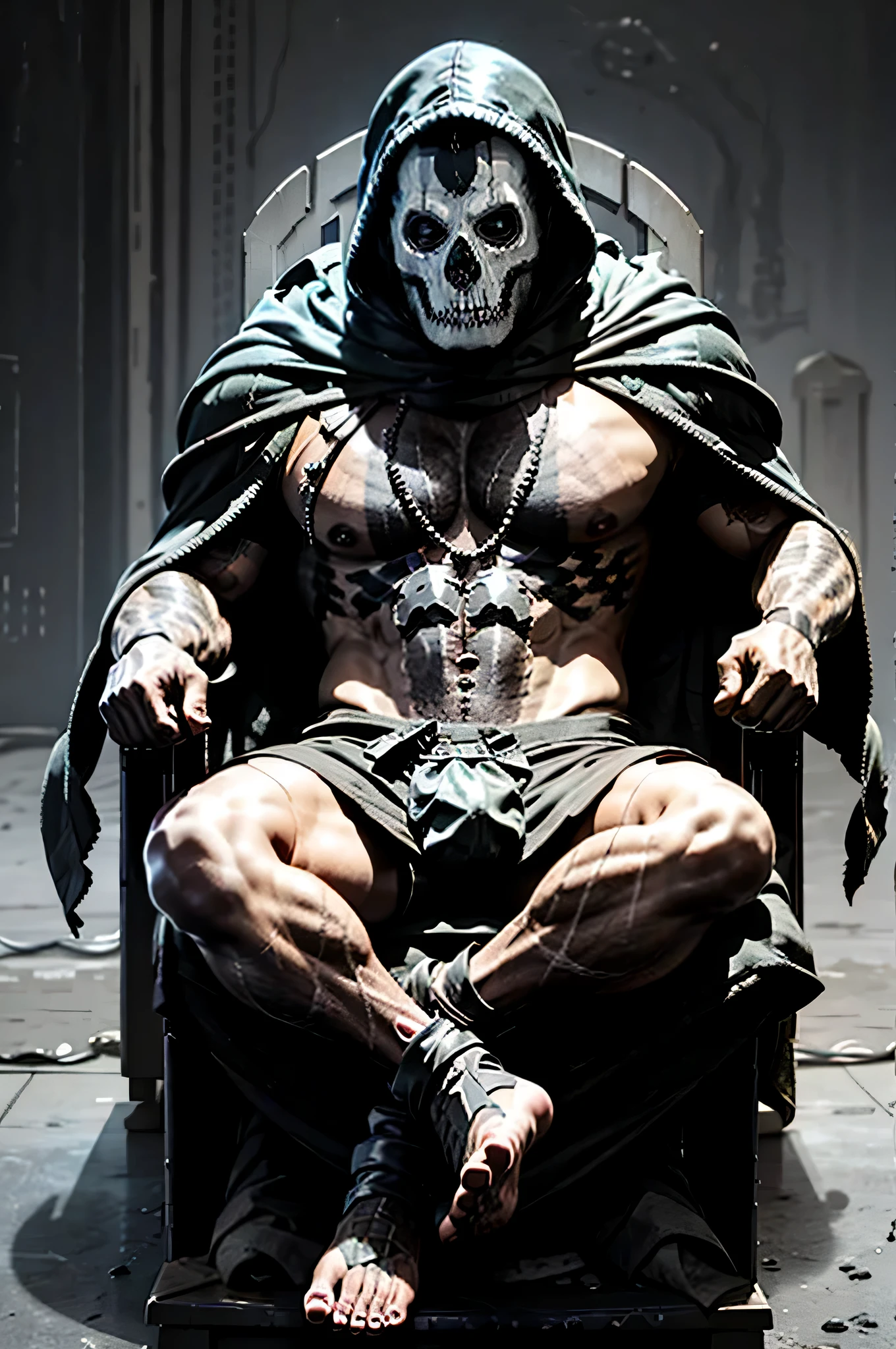 Shirtless, body hair, Hood, GH0st, sitting on a king's throne, showing feet, black shorts, body tattoo, strong feet, no clothes, no sneakers.