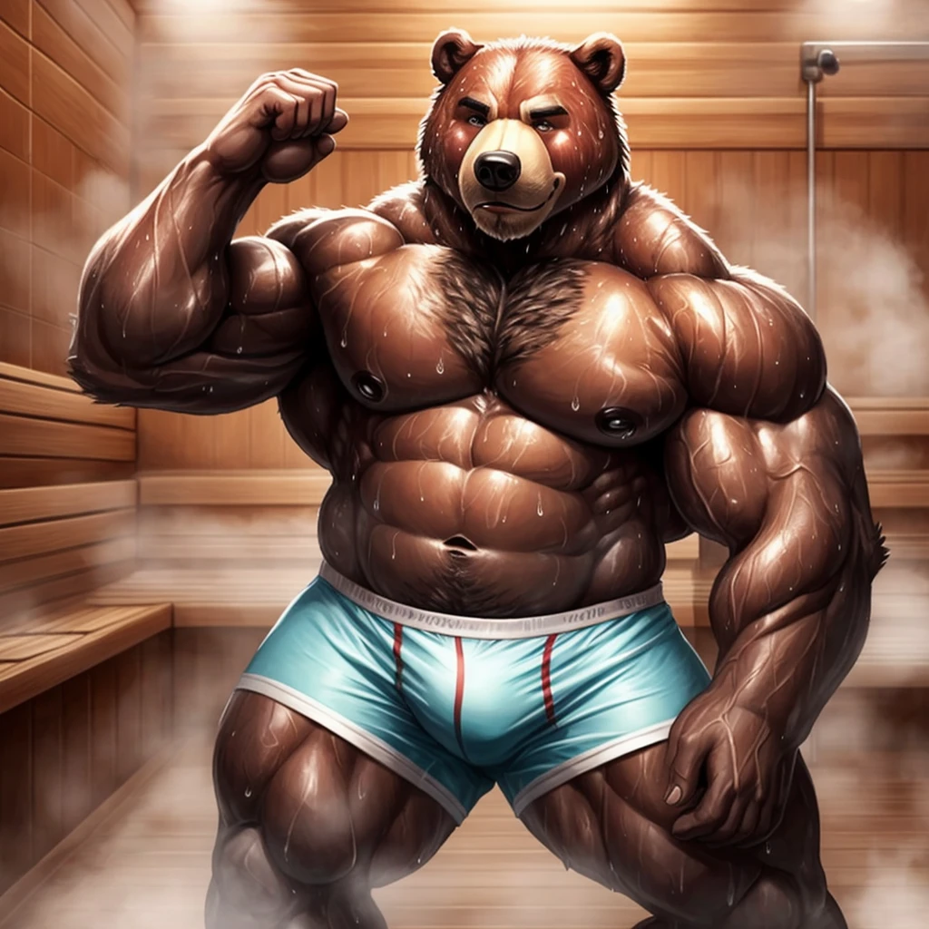 Giant anthro bear, very fat muscular, in a Sauna changing room, wearing tight boxers, very muscular arms and legs, determined look on his face, sweat soaked fur, sweat dripping on the floor, steaming hot, steamy body, veins showing on his muscles and belly