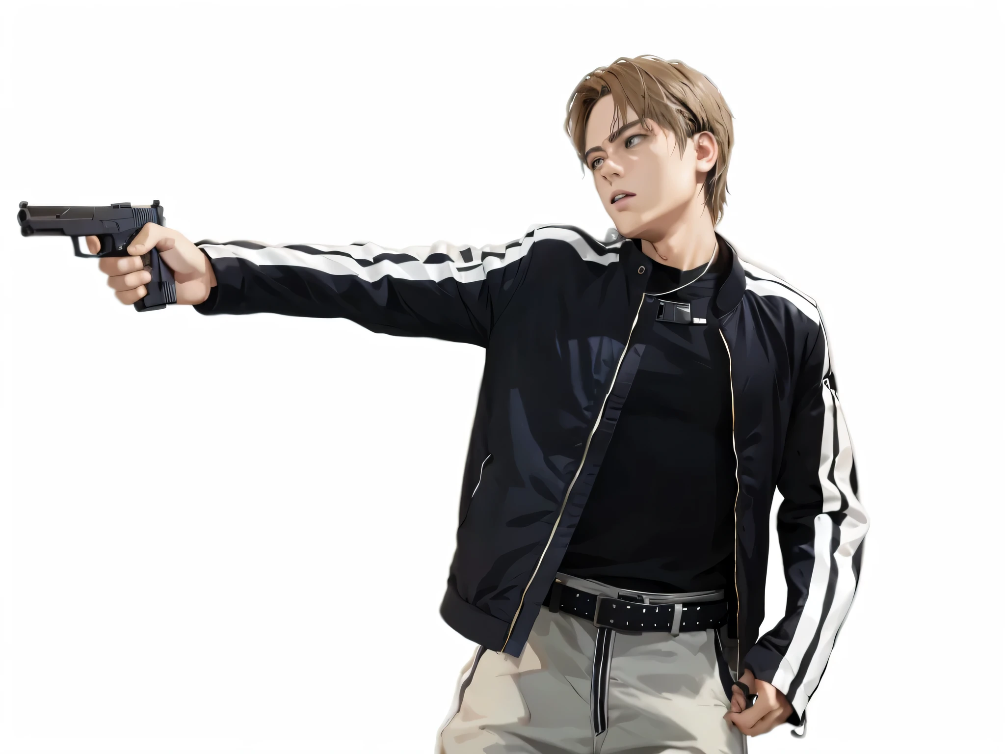 Arafed man in a black jacket holding a gun and aiming at it, Jung Jaehyun, con pistola, fanart de alta calidad, Cai Xu Kun, pose de tiro, battle action pose, jungkook, pose de anime guapo, in an action pose, action pose, fanart oficial, Jimin, park Jimin, confident action pose, kpop idol portrait, cuchilla del grupo de drenaje