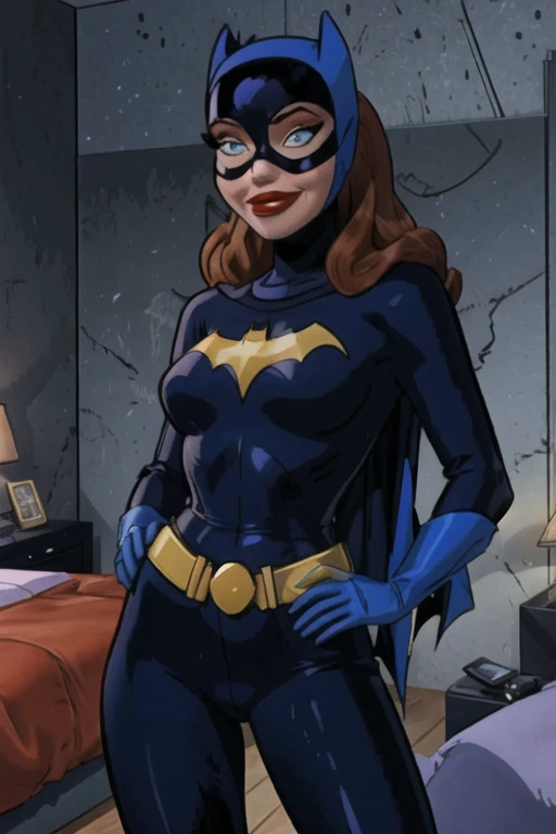 (best-quality:0.8), perfect anime illustration, babs, 1girl, solo, long hair, smile, blue eyes, bedroom, gloves, belt, blue cape, lips, bodysuit, makeup, mask, lipstick, hands on hips, red lips, superhero, 