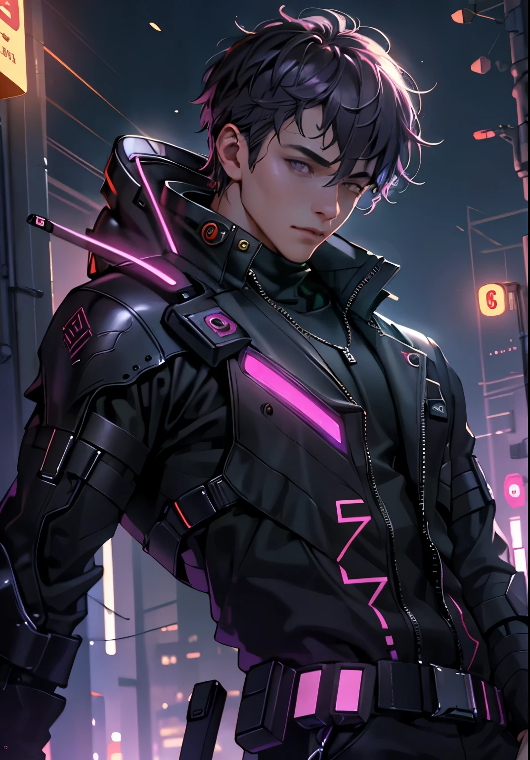 Super detailed, High resolution, Super detaileded, highest quality, wonderful, highest quality, Highly detailed CG Unity 8K wallpaper, cinematic lighting, cyber punk, A boy with dark、Handsome guy、purple clothes