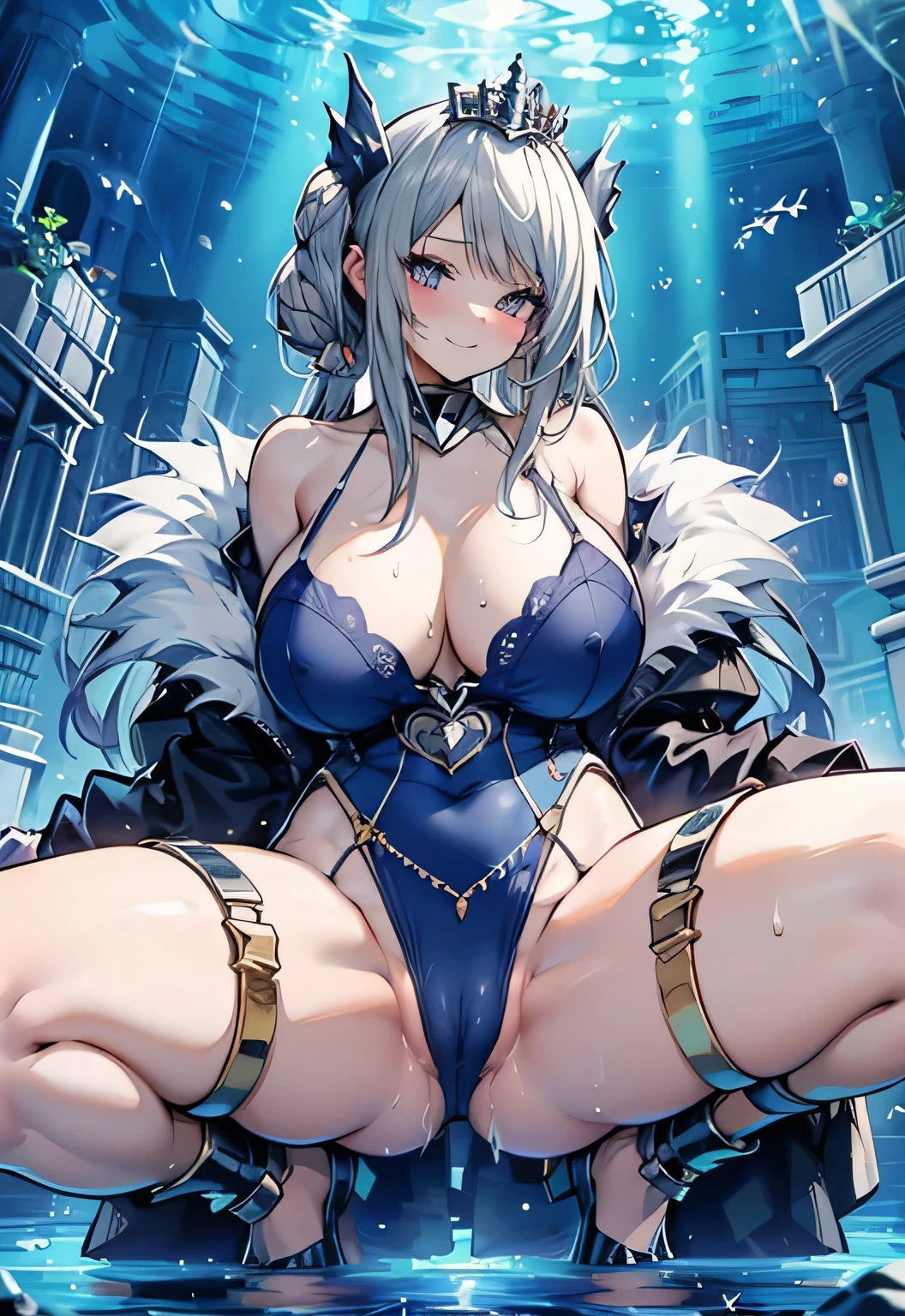 Erotic Anime Illustration、Highest image quality、A voluptuous bitch princess knight shows off her vagina and flirts with men at the underwater temple、perfect proportions、Artoria、Overwhelmingly big breasts beyond the norm、thick legs with fat、big areola、Beautiful shining eyes、cowboy shot、smile、shaved pussy、exposing nipples、spread legs、sweating、Vagina depicted in detail