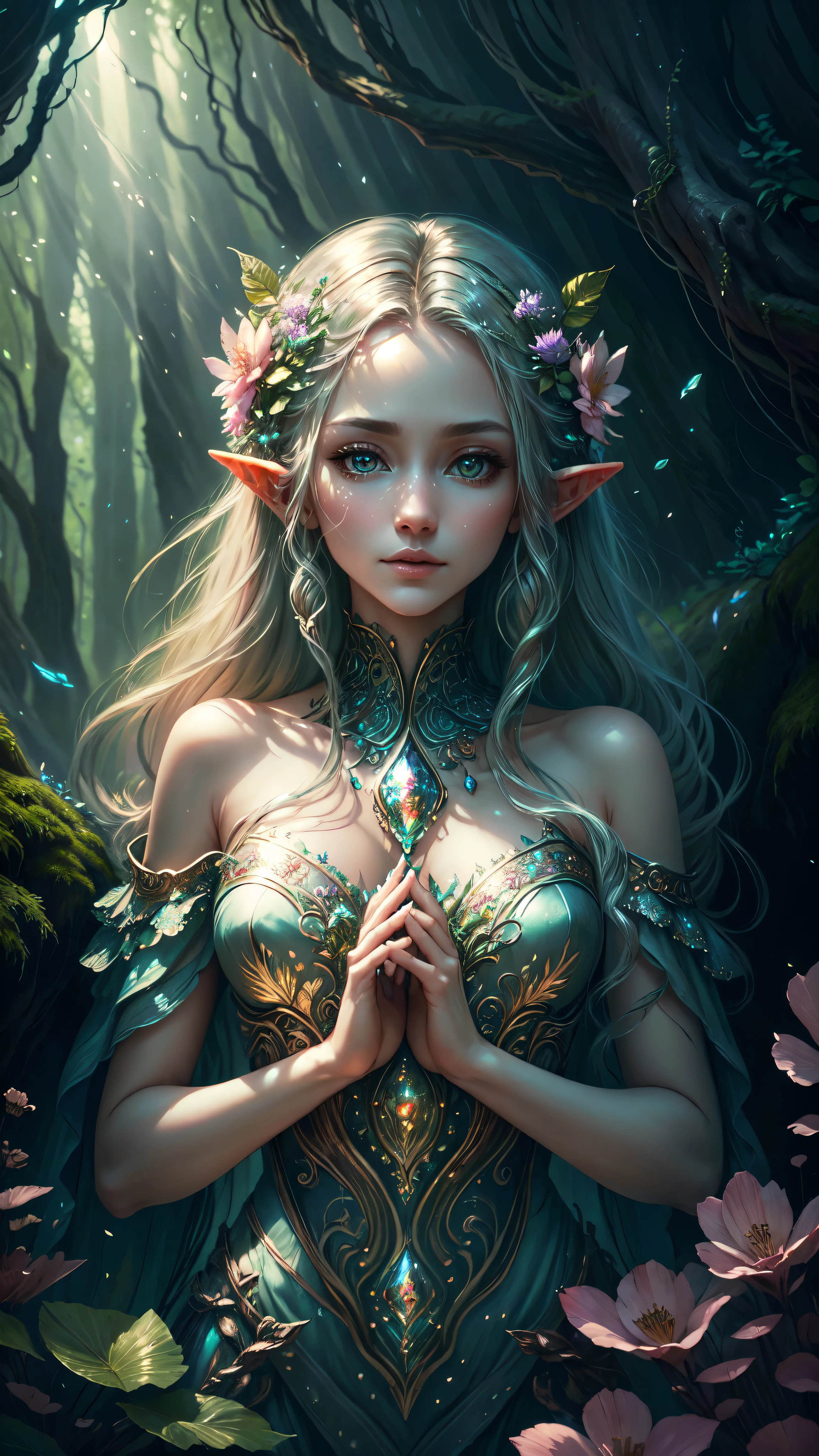 (masterpiece, top quality, best quality, official art, beautiful and aesthetic:1.2), (1 Elf girl), extremely detailed, long shapeless hair, (fractal art:1.3),colorful,highest detail, cinematic lighting.