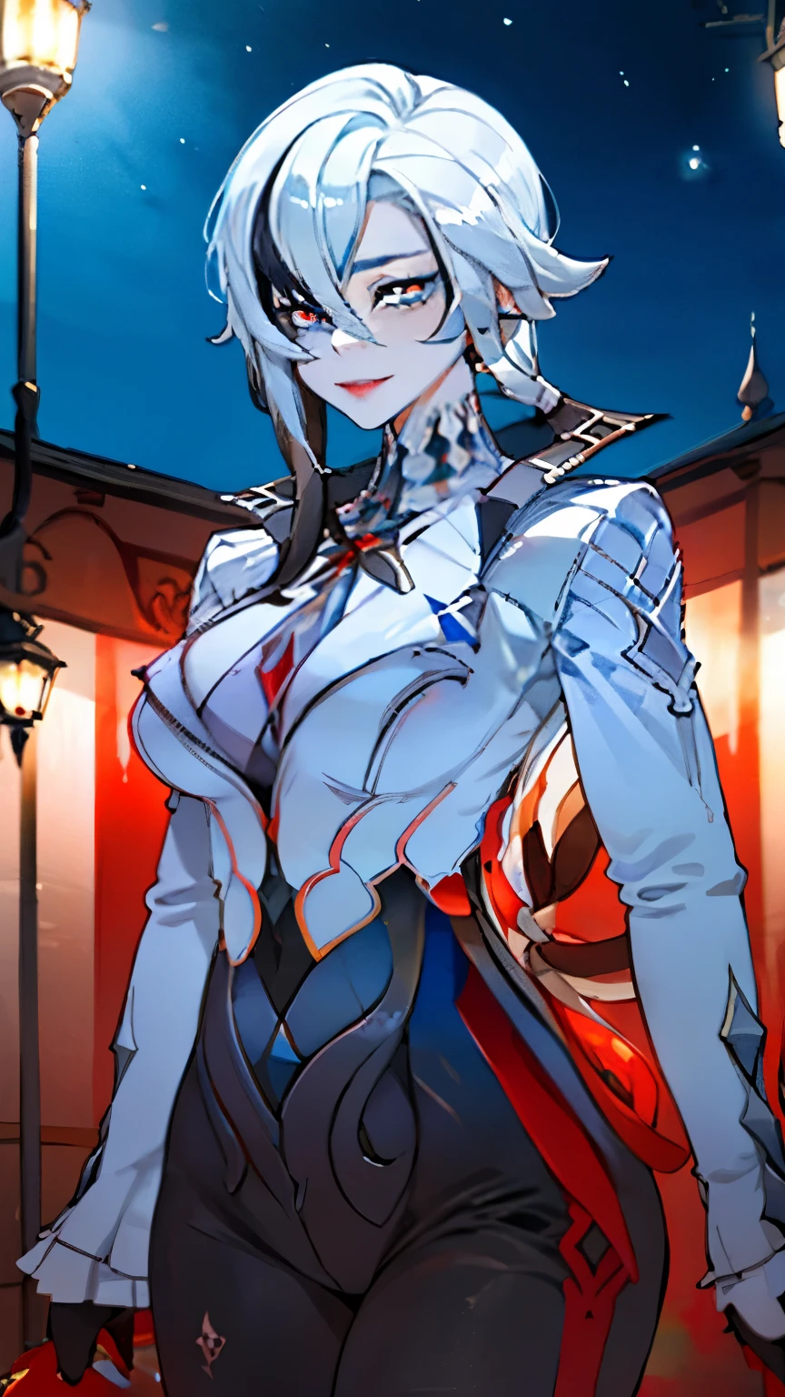 UHD, accurate, masterpiece, Anatomically correct, Textured leather, Super Detail, Best quality, 16 thousand., 1080P,One,(1 woman,perfect body, white short hair,A slight smile, night, Sexy look, Beautiful, Looking forward to watching),(Blue eyes:1.7)(red x-shaped pupils:1.7),(genshin impact/harlequin)