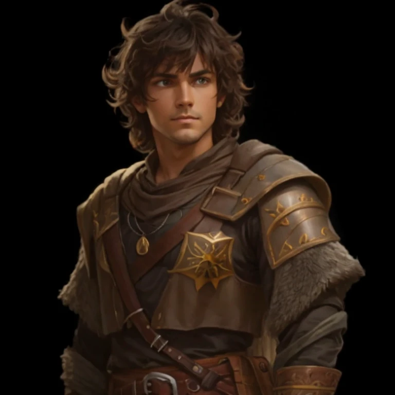 a man in a brown outfit holding a sword and a sword, a portrait of a male, paul atreides, casimir art, smirking male bard, male half-elf, a male, a human male paladin, arsen lupin as a paladin, portrait of fin wildcloak, detailed character art, fantasy male portrait, realistic image