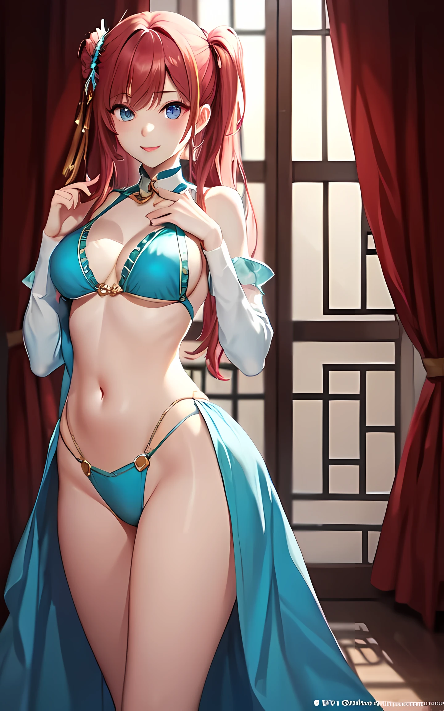 best quality、Photoreal、Super fine illustration、beautiful and charming anime girl、Eris Greyrat、Red hair、red eye、Ahoge,、（tall、slim body、small breasts、firm round chest,（Hairstyle Long Straight））、The only girl、girl pictures、beautiful blue eyes、With Arabic background、Arabian dancer、Belly dance、 wear a slingshot swimsuit、Attractive mouth、Makeup、impressive red lips,