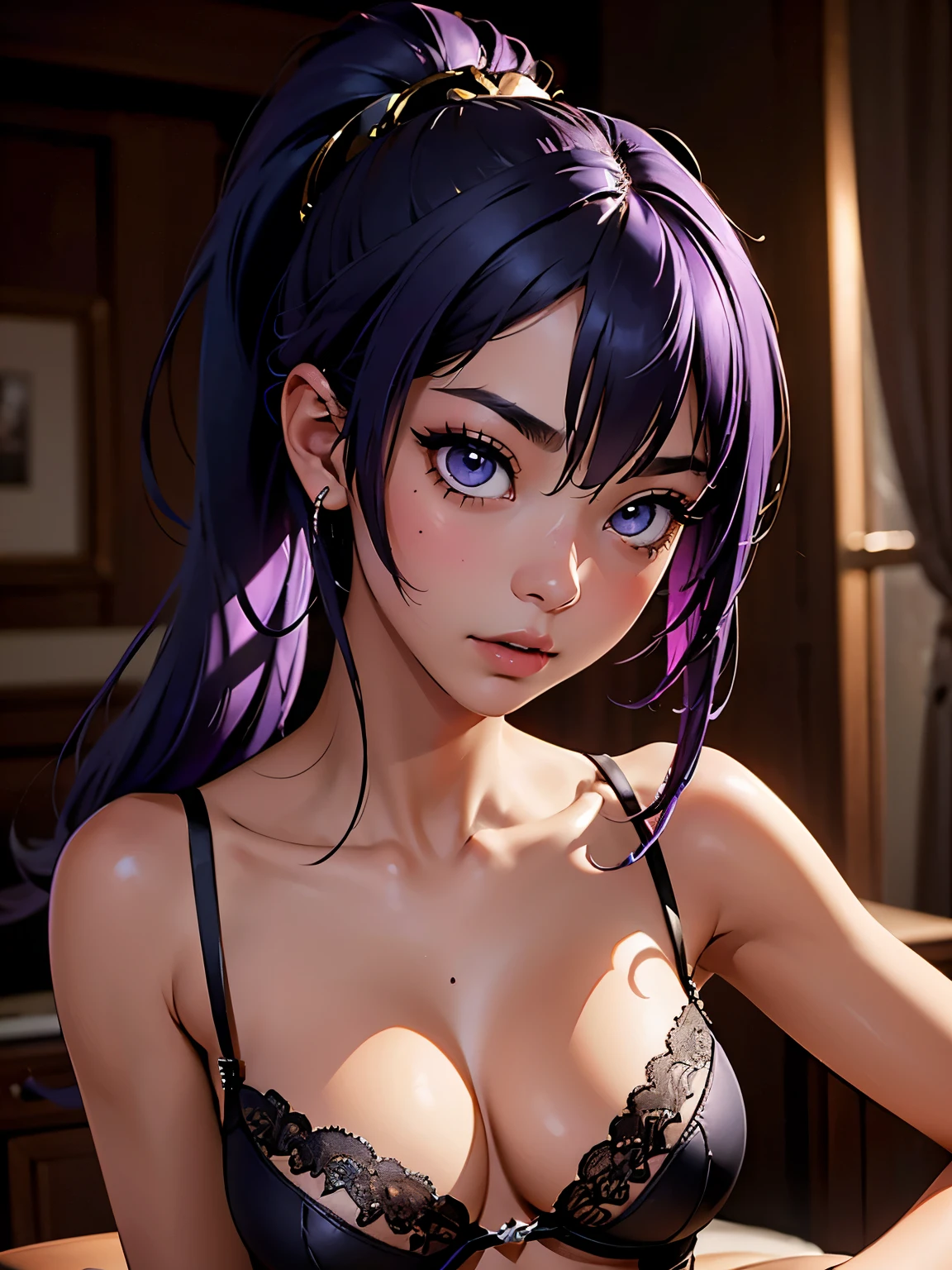 solo, 1girl, 21 year old black girl, black skin, purple hair, high ponytail, stunning, high quality, portrait, 2.5d, anime girl, purple hair with golden streaks, yellow eyes, mole under eye, intricate iris details, character art, close-up, seductive, succubus, sundress, toned waist, slender body, epic, exquisite, close-up, detailed eyes, detailed hair, lace-trimmed panties, blue bra, tanga, seductive pose, artwork, elaborate clothing, intricate details, dramatic lighting