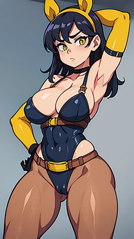 gorgeus girl, olhos verdes profundos amendoados, muscular arms, Ultra HD, retina, obra de arte, Anatomicamente Correto, pele texturizada, detalhes altos, premiado, Melhor qualidade, 8k, alto,( holster, gun holster, bondage gear, armwear, legwear, Choker, black gloves, elbow sleeves, yellow headband, pantyhose, harness, belt with pounches,), shirtless, bottomless, shaved pussy, large perfect breasts, wide hips, thick thighs, naked, clothless,