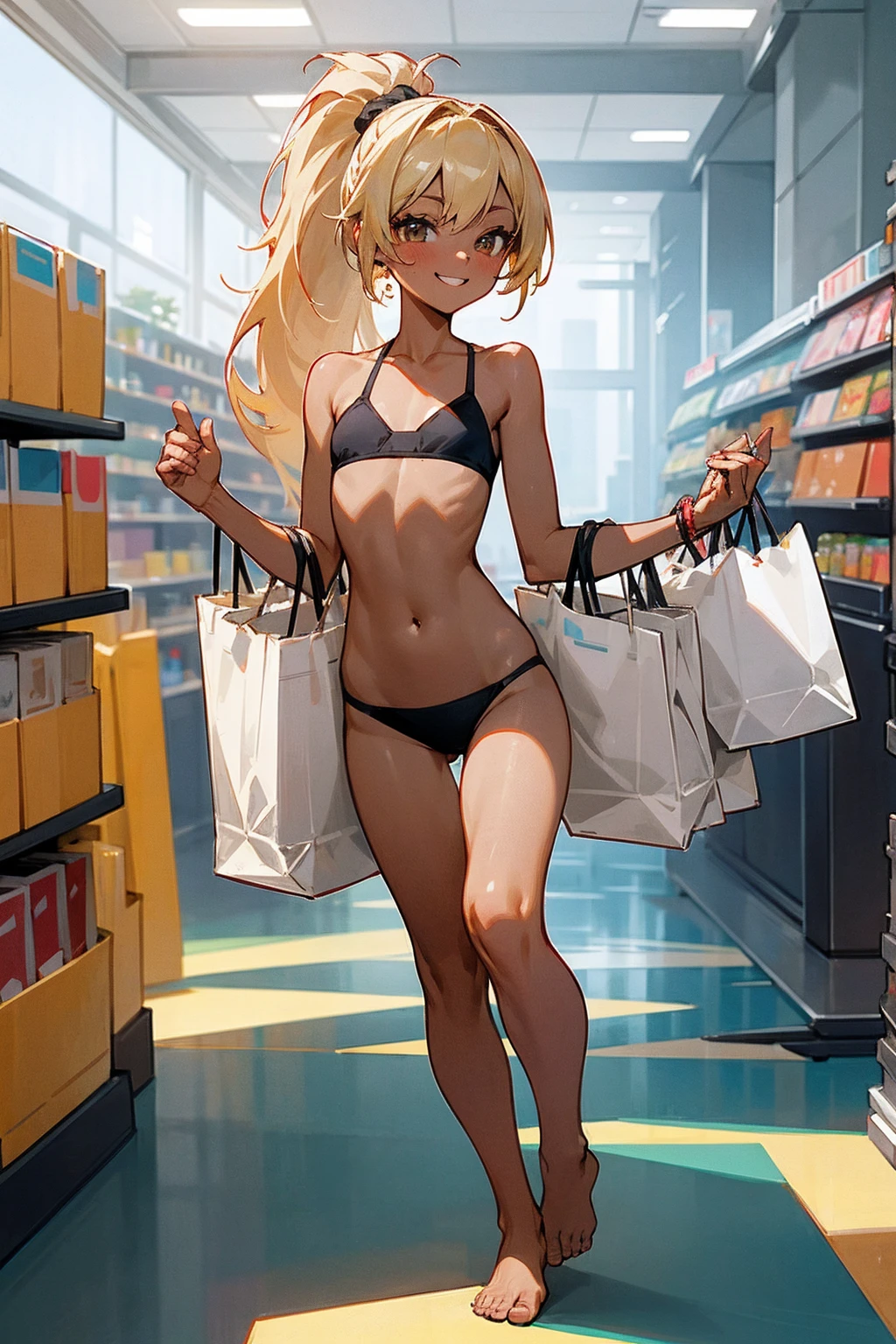 masterpiece,highest quality,official art,Highly detailed CG Unity 8K wallpaper, 1 cute tanned girl, black bra,black bikini,flat chest,toned body,barefoot,shopping bag,Iinside the shopping mall,ponytail,blonde,I',smiling face tanned skin,Standing in a bright store,sexy pose,((ultra wide angle photo)),The entire body fits compactly in the center,full body,surrounded by people,