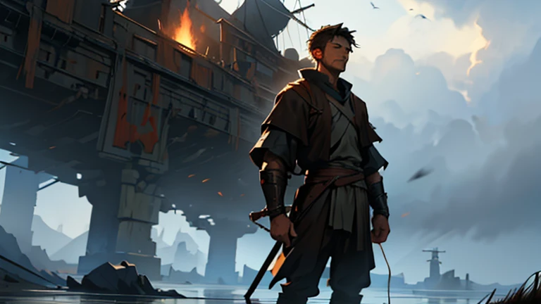 In a cinematic shot, Noah stands with his back to the viewer, silhouetted against the towering ark resting on dry ground. His attire, a simple yet rugged ensemble consisting of a weathered tunic and sturdy leather boots, suggests a life of labor and preparation. With his hands resting on his hips, Noah gazes toward the distant horizon, where storm clouds gather ominously, hinting at the impending deluge. Despite his obscured face, the tension in his posture and the resolute set of his shoulders convey a sense of unwavering determination and steadfast resolve. The scene captures Noah's quiet strength and unwavering faith as he stands on the threshold of a monumental undertaking, ready to embark on a journey of salvation and survival.