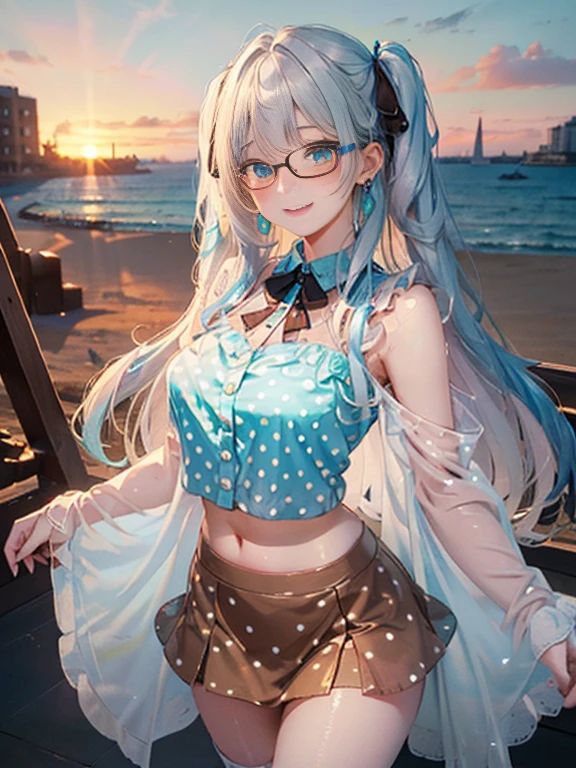 （Glasses）、The arrival of autumn、big butt、big butt、 Super detailed,bright colors, very beautiful detailed anime face and eyes,highest quality, hyper detail, masterpiece, look straight, ;shiny_skin,girl, ((long hair、gradation hair , Half white hair、Half light blue hair: 1.5)) 、forehead is exposed、shiny hair, delicate beautiful face, blush、(turquoise eyes), White skin, Valletta, mature earrings,、sandy beach、sunset、((ribbon、(polka dots、See-through brown mini skirt)))、twin tails、smile、happy face、face dyed red、dynamic、show off your butt