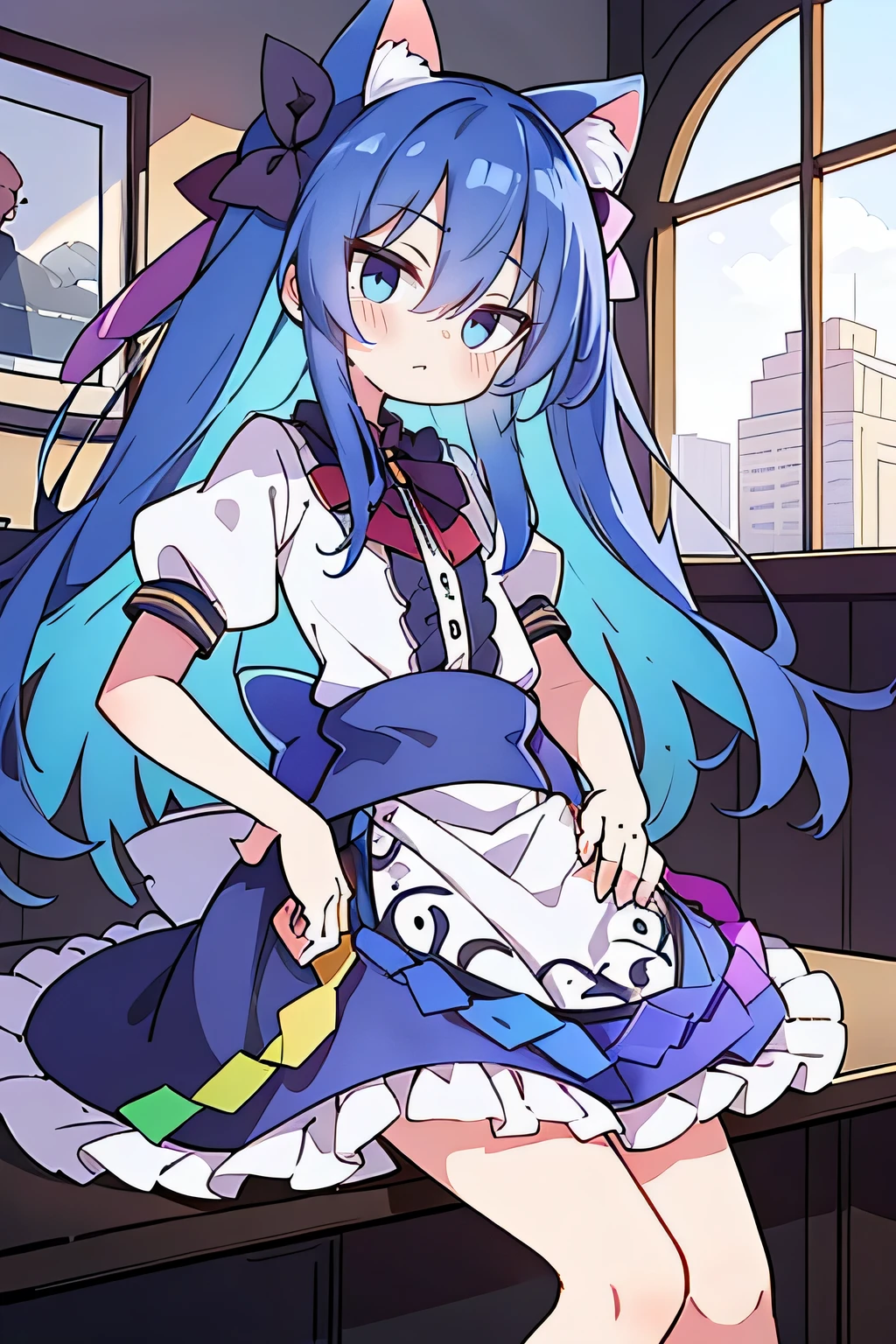 (masterpiece),best quality, expressive eyes, perfect face, 1girl,
Put your hands on your waist,fair, Gorgeous,Japanese cartoons,girl,lola,Hina Angel, blue hair, blue haired, floating clothes,Grab your waist, Grab your waist, hands on hips , hands on hips,sit, sit on ground, Legs on the ground, flat chest,cat ears,dark blue eyes,