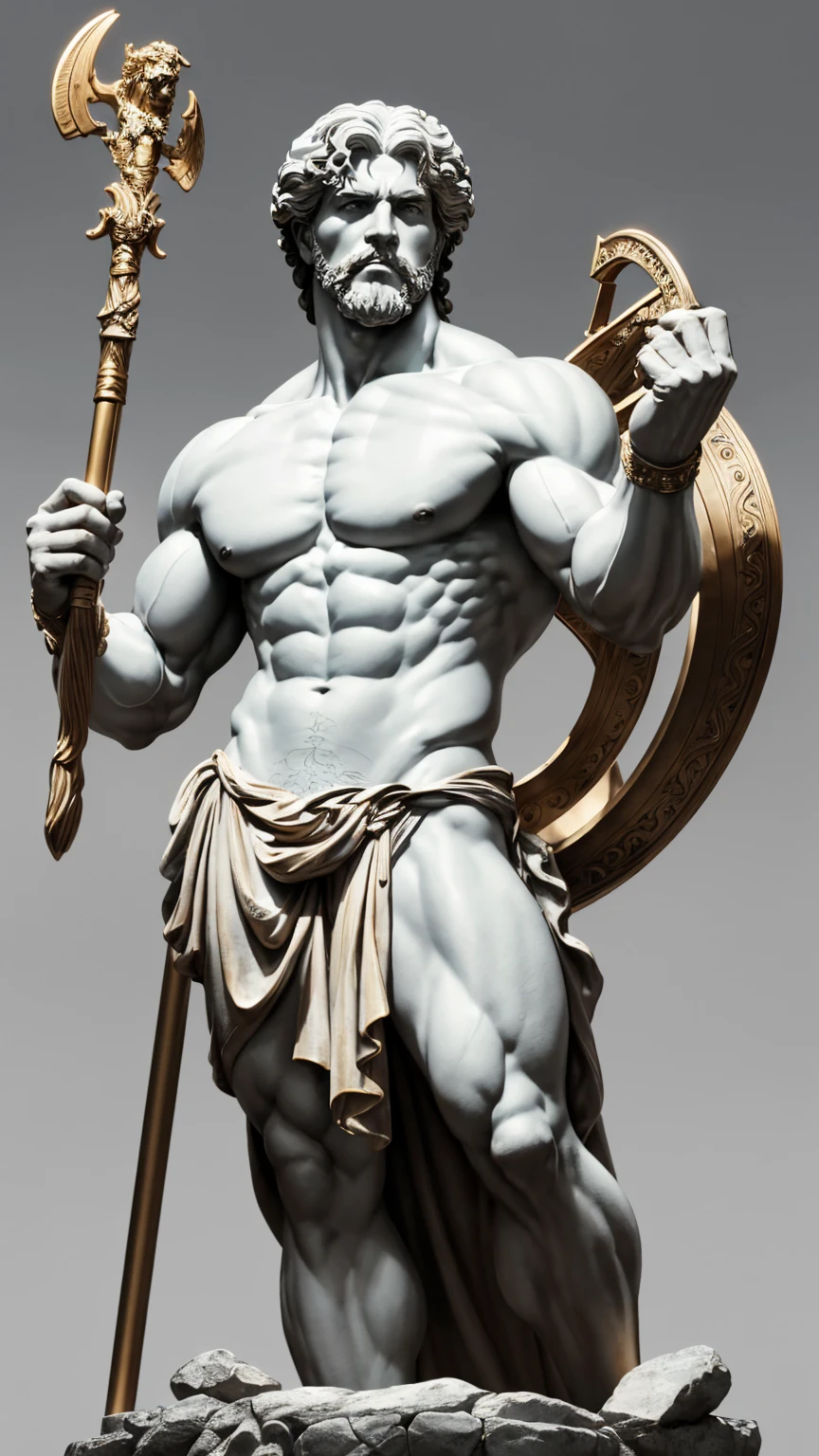 a close up of a statue of a man holding a staff, portrait of demigod hercules, realistic 8k bernini sculpture, statue of hercules looking angry, greek god, arnold and zbrush, greco roman statue, cgi clay sculpture, highly detailed sculpture, statue of hercules, greek statue, portrait of greek god ares, featured on zbrush central, background should be epic, picture should be cinematic and dramatic.