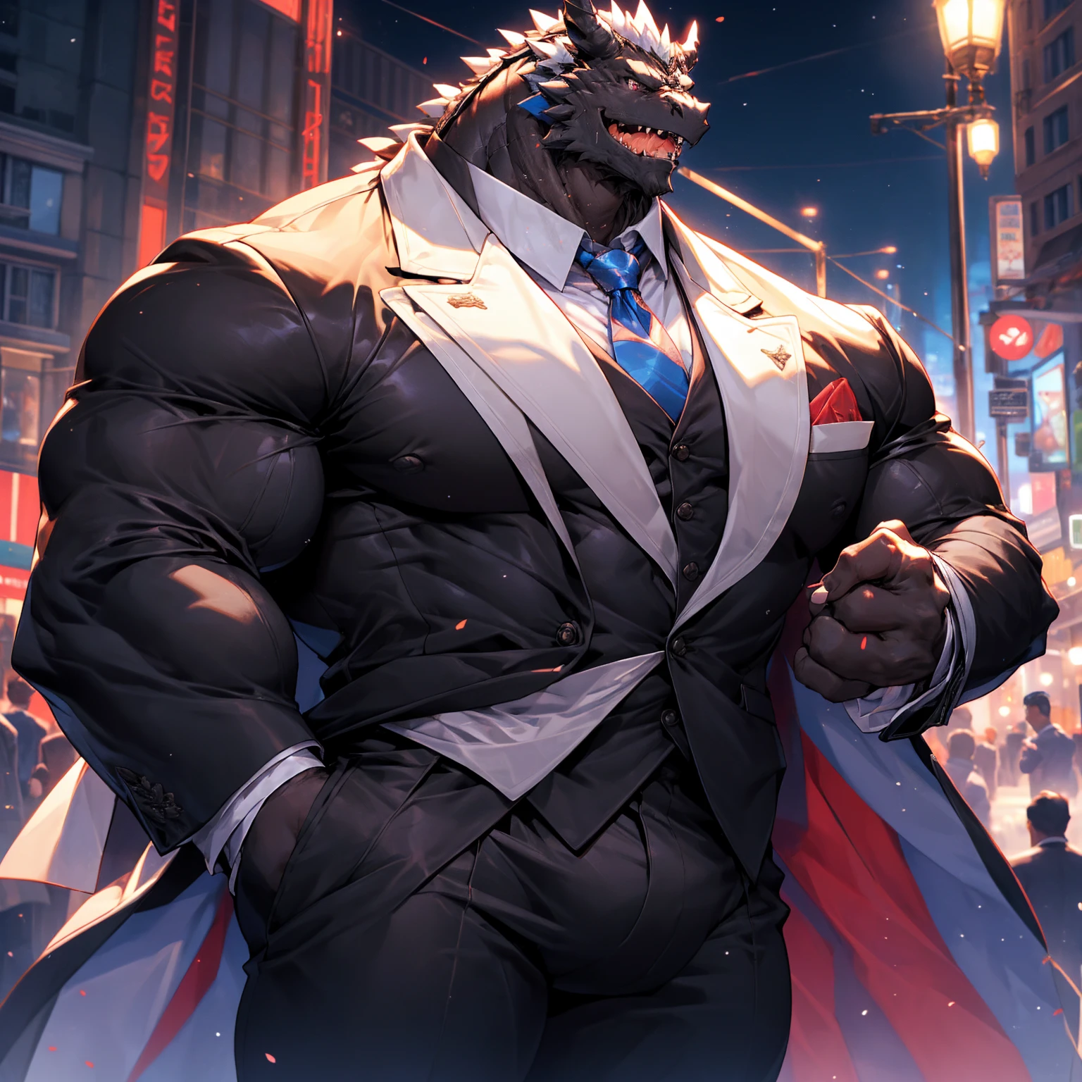 Very muscular black dragon, big pecs, heavy weight, bodybuilder build, wearing white jacket, formal attire, large bulge, standing while playing with a smartphone, in the public full of building, bright smile expression, glistening skin, vibrant color, 4k, realism, cool lighting