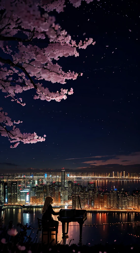 １people々々々々々,blonde long hair，long coat，silhouette，piano， pianoを演奏してるsilhouette，space sky, milky way, anime style, cherry blossoms，夜cherry blossoms，辺り一面に舞うcherry blossoms吹雪，Night view of the city from the mountainside，