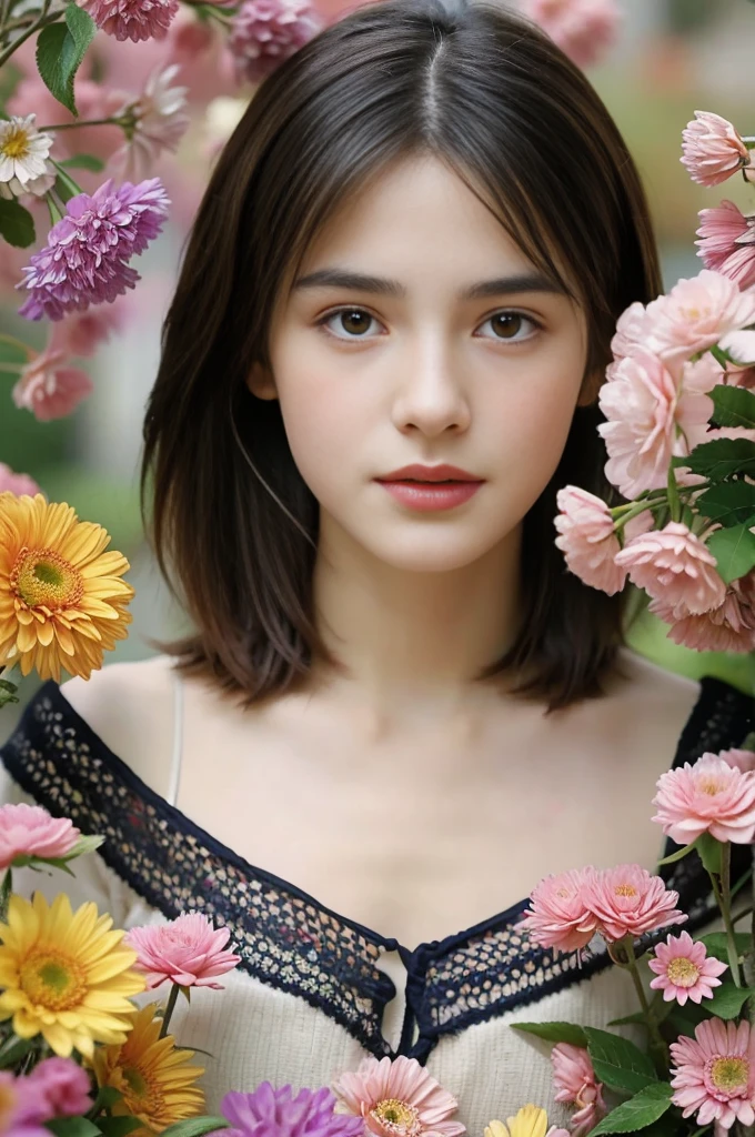 15 year old beautiful girl、best image quality、realistic、16k、Beautiful woman、pixie cut、slim、With Bangaster Piece,highest quality,confused, High resolution, Super detailed, 1 girl, kaleidoscopic images, symmetrical pattern, bright colors, geometric shapes, Attractive design, optical illusion, dynamic composition, pantomime art, expressive body language, quiet story, evocative gesture, Visual storytelling, theater, blooming flowers, colorful petals, Fragrant aroma, blessings of nature, Bustling Gardens, A look asking for a kiss、peaceful scenery