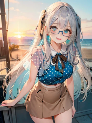 （Glasses）、The arrival of autumn、big butt、big butt、 Super detailed,bright colors, very beautiful detailed anime face and eyes,highest quality, hyper detail, masterpiece, look straight, ;shiny_skin,girl, ((long hair、gradation hair , Half white hair、Half light blue hair: 1.5)) 、forehead is exposed、shiny hair, delicate beautiful face, blush、(turquoise eyes), White skin, Valletta, Mature earrings,、sandy beach、sunset、((ribbon、(polka dots、See-through、Brown mini skirt)))、twin tails、smile、happy face、face dyed red、dynamic