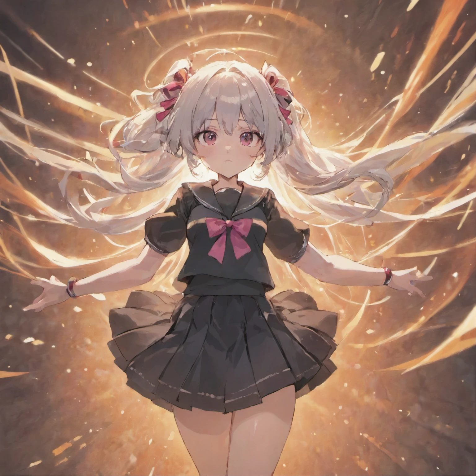 School girl,long white hair,ribbon,, she is wearing black thighhighst, she is wearing pink pleated short skirt, white hair,full bodg shot,athena bangs,ahoge