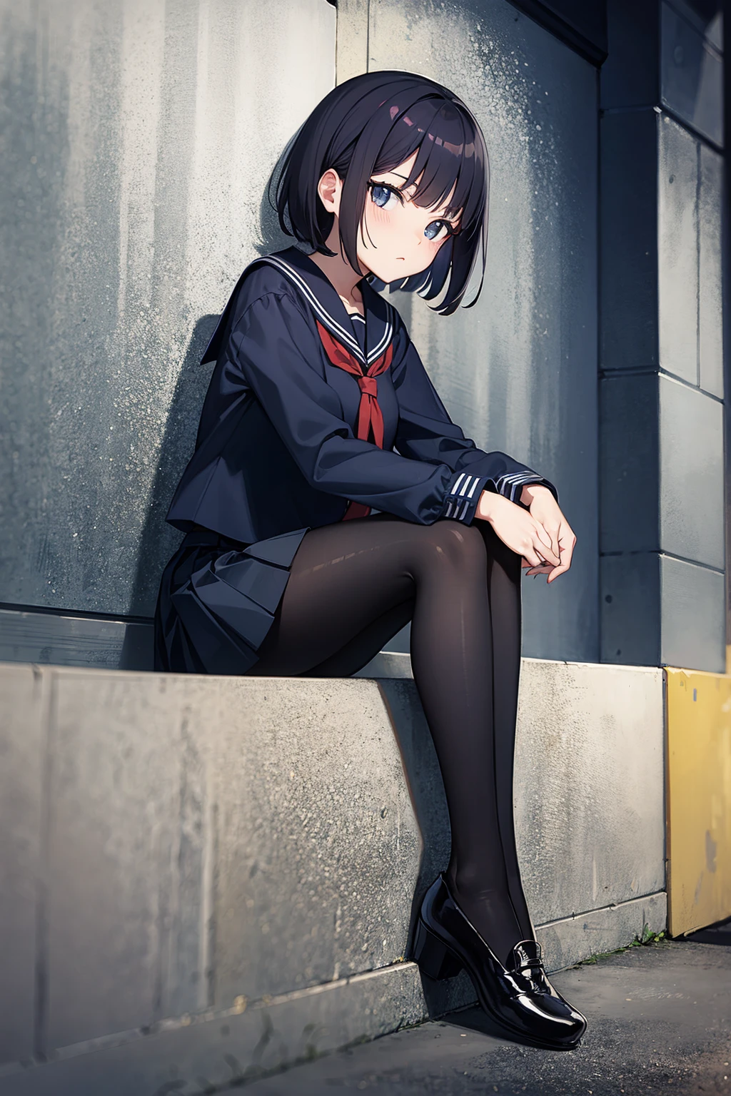 (anime)，masterpiece，top quality，best quality，cinematic shadow，Upper body，(a woman)，solo，anime girl，(extremely detailed hair and face)，(Sailor suit and pleated skirt with pantyhose)，bare neck，sitting on the steps，Graffiti wall background，(punk)，dark feeling，dark tones