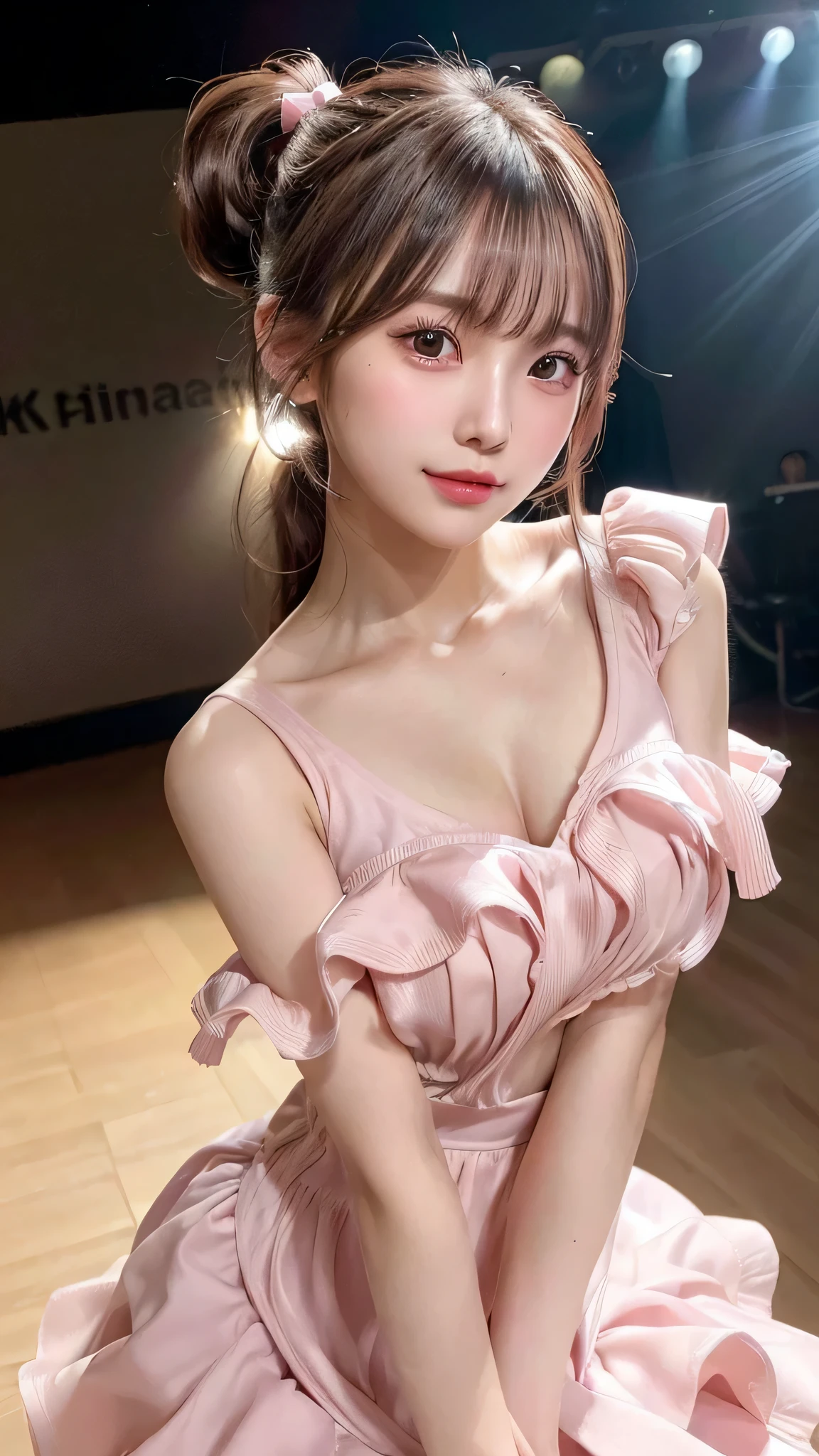 close up of face,blush,small breasts,,long hair ponytail,on stage,in the spotlight,((8K, Raw photo, best quality, muste piece:1.2), (Reality, photorealistic:1.4), (Highly detailed 8K wallpaper), Depth of the bounds written, cinematic lighting, soft light, detailed beauty eye,Shiny and smooth light brown ponytail, asymmetrical bangs, shiny skin, super detailed skin ,high resolution, high detail, detailed hairstyle, detailed beauty face, hyper real, perfect limbs, perfect anatomy ,1 Japanese girl,famous japanese idol, perfect female body,shy smile,short eyelashes,double-edged eyelids,look straight here,Hair style is ponytail、Pink colored long dress with lots of ruffles, softly shaped skirt, standing on stage,pink ribbon on head,She is wearing a skirt with lots of frills,pose is random,Neat clothes