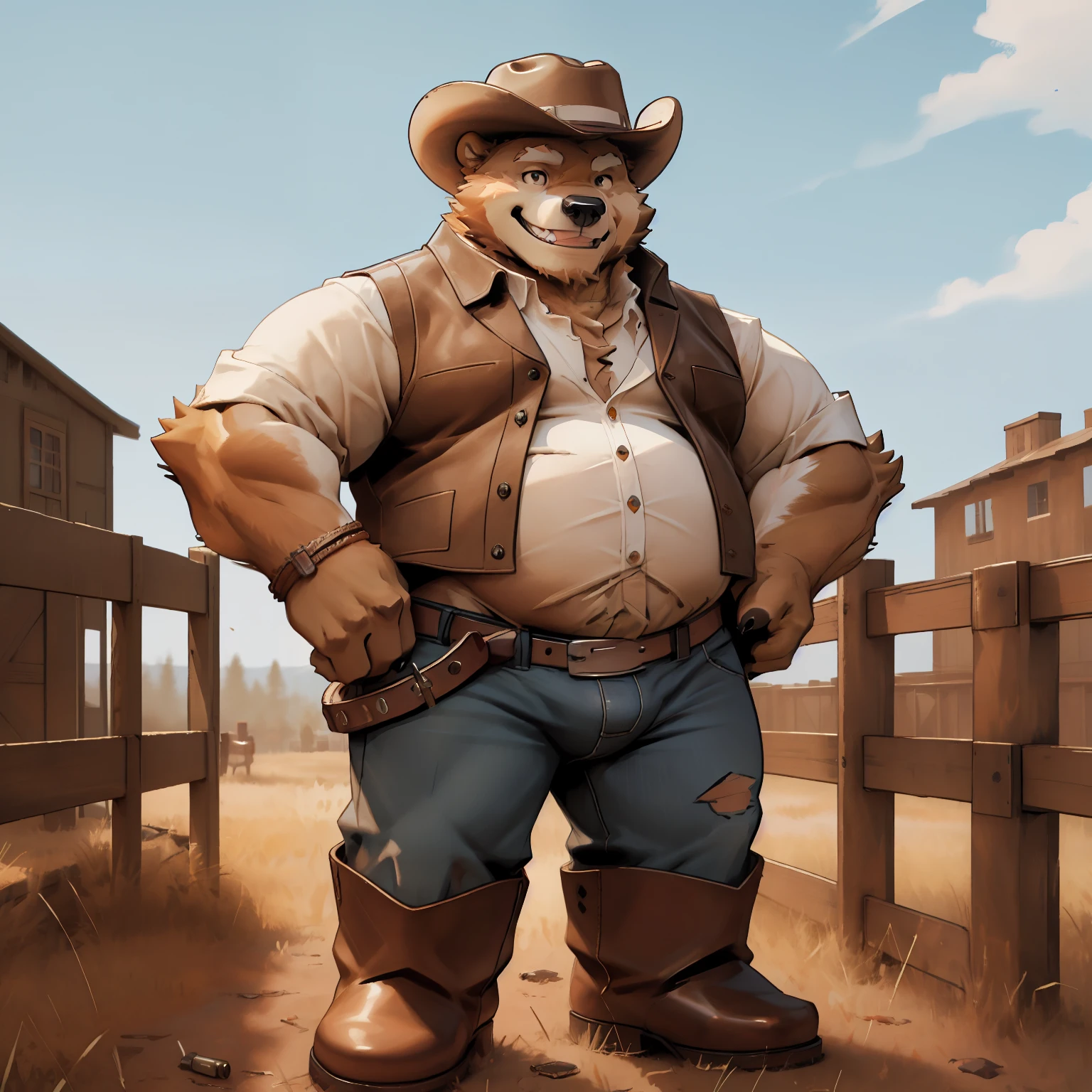 New Jersey 5 Hairy, Bear,Full body portrait of an individual,exquisite,round face, chubby,thick arms,plush fur,pastures,Cowboy,Cowboy hat,White ripped shirt,vest,Bullet belt,jeans,bulge,leather boots,stand,hands on hips,Smile
