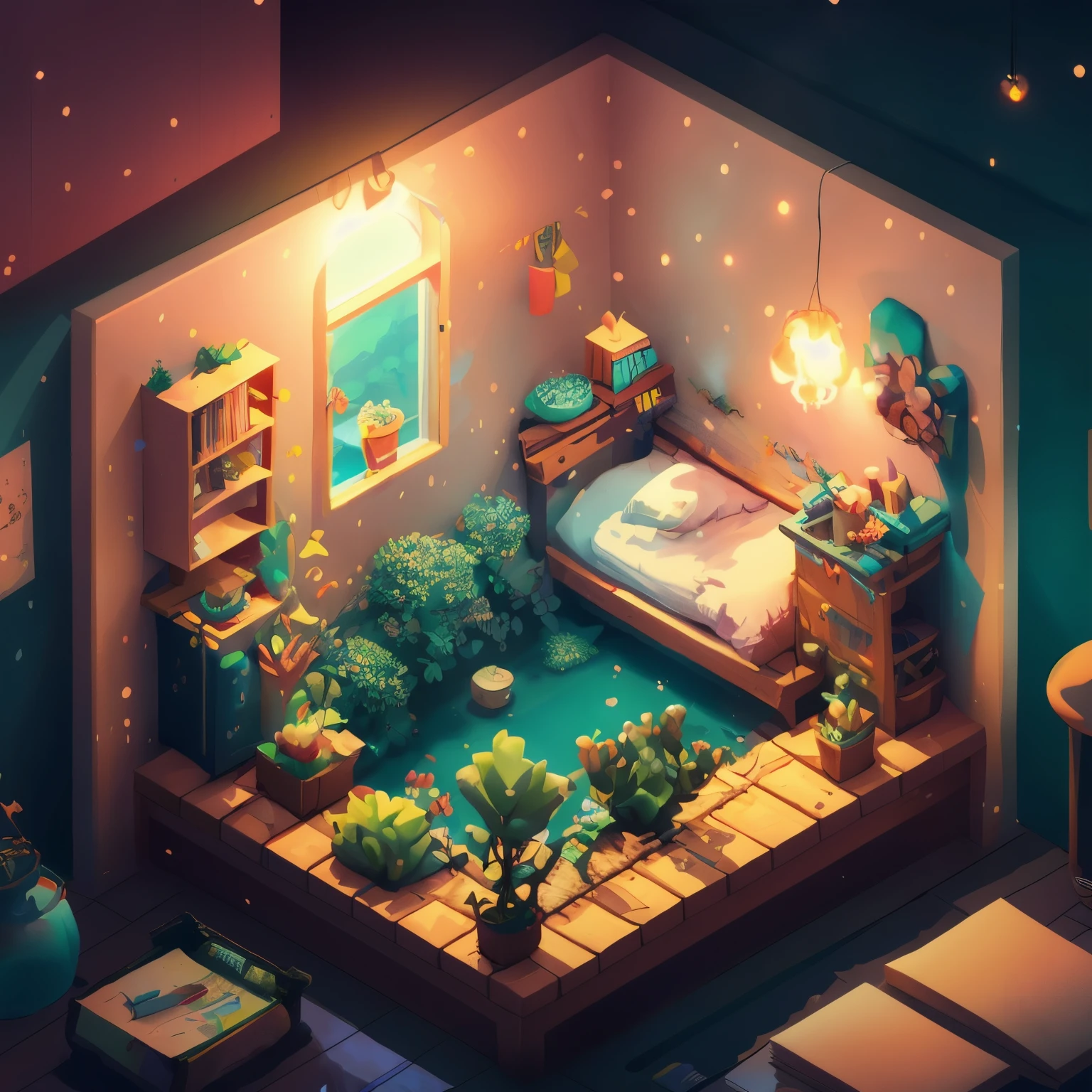 a room with a bed and a desk in it, a low poly render, inspired by Cyril Rolando, pixel art, beautiful isometric garden, underwater in the ocean at night, small and cosy student bedroom, inside a child's bedroom, organic isometric design, portfolio illustration, cute detailed artwork, beeple rendering, blurred and dreamy illustration