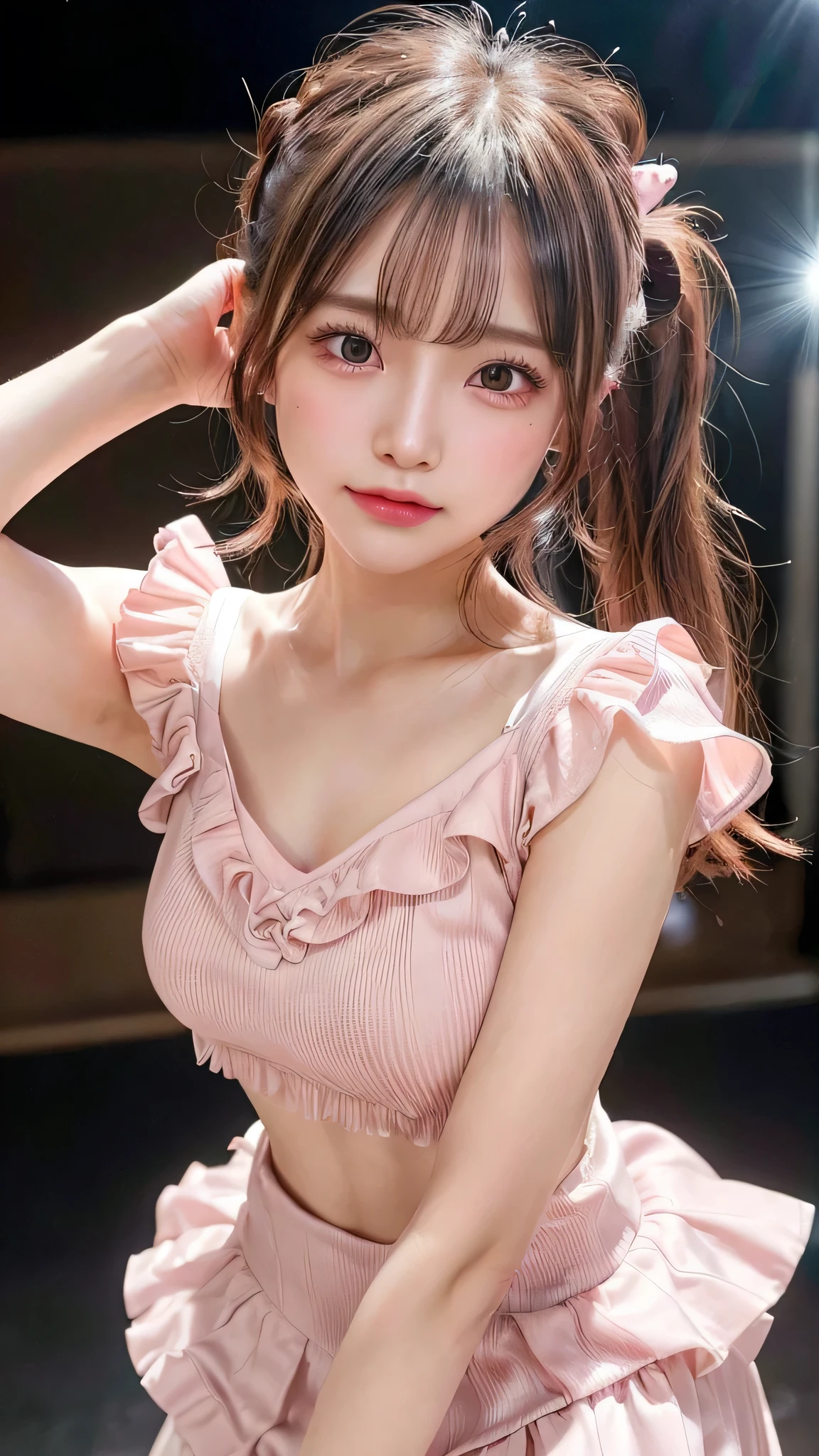 Good Hand、4K picture quality、Hi-Res、​masterpiece、top-quality、Cap:1.2、(Early teens girl)、no-makeup、finely detailed skin、Floral hair ornament、bow ribbon、（Bra and panties with cups）、(lighting like a movie)、Pastel colors、Soft lighting、Dynamic angles、[: (A detailed face:1.2): 0.2]、Thigh Gaps、Soft belly、Medium milk same、 fullllbody、