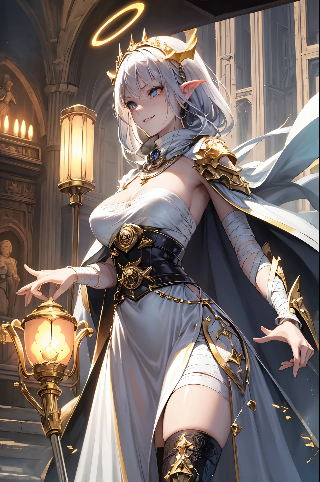 Idol style,Succubus,baby, Advanced art style,works of masters,16K,HD,Scary smile,silver hair,noble,Mink scarf,crutch,full-body shot,golden light,Advanced Cape,necklace,belt,shy,halo,Sexy figure,Lower chest,holy light,Film light and shadow,Domineering,King,arrogant,Reduce clothing fabric,,Details of the face,looking down,,perspective,Bandage Wrap,tattoo,Fallen,dark