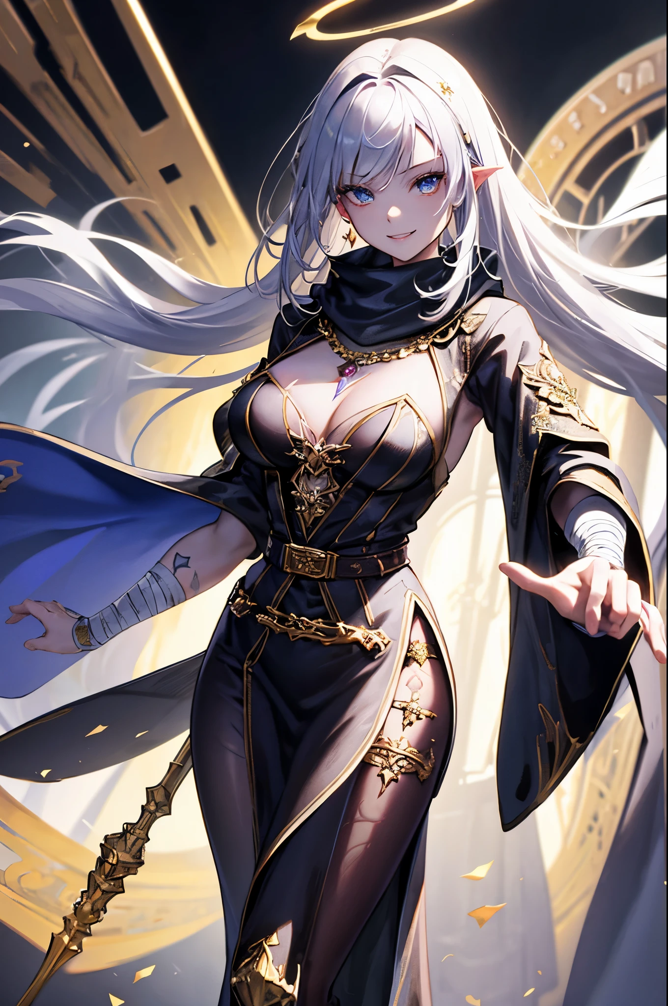 Idol style，Succubus，， Advanced art style，works of masters，16K，，Scary smile，silver hair，noble，Mink scarf，crutch，full-body shot，golden light，Advanced Cape，necklace，belt，shy，halo，Sexy figure，Lower chest，holy light，Film light and shadow，Domineering，King，arrogant，Reduce clothing fabric，，Details of the face，looking down，，perspective，Bandage Wrap，tattoo，Fallen，dark