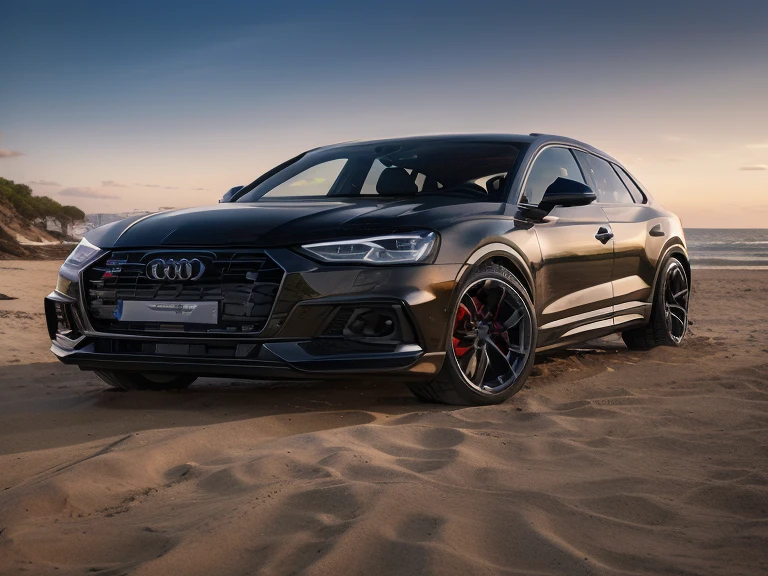 um close de um Audi Suv preto estacionado em uma praia, vehicle photography, fotografia automotiva, editado, fotografia comercial de carro, automatic photography, fotografia de carro, filmado em Canon EOS R5, cinematic front shot, filmado em Canon EOS R5, filmado na hora dourada, Twilight Scenario, plano ultra amplo, ar 9 cinematic filming:16 -n 6 -g