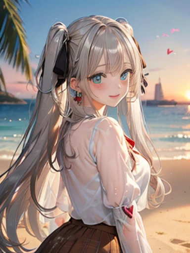 （Glasses）、The arrival of autumn、big butt、big butt、 Super detailed,bright colors, very beautiful detailed anime face and eyes,highest quality, hyper detail, masterpiece, look straight, ;shiny_skin,girl, ((long hair、gradation hair , Half white hair、Half silver hair: 1.5)) 、forehead is exposed、shiny hair, delicate beautiful face, blush、(turquoise eyes), White skin, Valletta, Mature earrings,、sandy beach、sunset、((ribbon、(heart pattern、See-through、brown skirt)))、twin tails、smile、happy face、face dyed red、dynamic