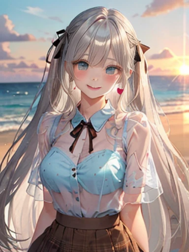 （Glasses）、The arrival of autumn、big butt、big butt、 Super detailed,bright colors, very beautiful detailed anime face and eyes,highest quality, hyper detail, masterpiece, look straight, ;shiny_skin,girl, ((long hair、gradation hair , Half white hair、Half silver hair: 1.5)) 、forehead is exposed、shiny hair, delicate beautiful face, blush、(turquoise eyes), White skin, Valletta, Mature earrings,、sandy beach、sunset、((ribbon、(heart pattern、See-through、brown skirt)))、twin tails、smile、happy face、face dyed red、dynamic