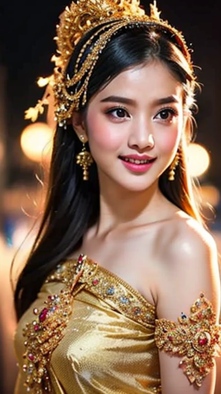 Thaifacemixx, (Virtual image:1.4)、), 1 Thai Girl、dark brown hair、Bare your chest, showing your beautiful breasts.,Glowing skin、Spectacular Thai costumes,((The details are extremely realistic.))、Bright and soft to the eyes,realistic light illumination、sparkling eyes、Facing the camera ,Masterpiece、Asian beauty、beautiful studio complete anatomy、、beautiful background、Realistic picture 8k、Highest quality、Masterpiece、very delicate