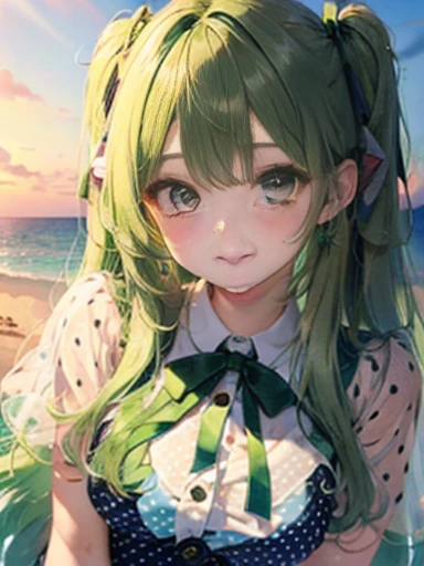 (Glasses)、The arrival of autumn、big butt、big butt、 Super detailed,bright colors, very beautiful detailed anime face and eyes,highest quality, hyper detail, masterpiece, look straight, ;shiny_skin,girl, ((long hair、gradation hair , Half green hair、Half light blue hair: 1.5)) 、forehead is exposed、shiny hair, delicate beautiful face, blush、(turquoise eyes), White skin, Valletta, Mature earrings,、sandy beach、sunset、((ribbon、(polka dots、See-through、Brown mini skirt)))、twin tails、smile、happy face、face dyed red、dynamic