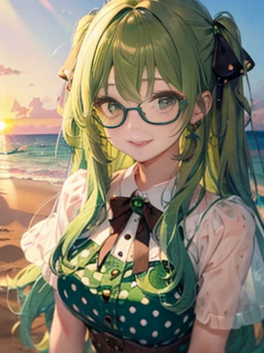 （Glasses）、The arrival of autumn、big butt、big butt、 Super detailed,bright colors, very beautiful detailed anime face and eyes,highest quality, hyper detail, masterpiece, look straight, ;shiny_skin,girl, ((long hair、gradation hair , Half green hair、Half light blue hair: 1.5)) 、forehead is exposed、shiny hair, delicate beautiful face, blush、(turquoise eyes), White skin, Valletta, Mature earrings,、sandy beach、sunset、((ribbon、(polka dots、See-through、Brown mini skirt)))、twin tails、smile、happy face、face dyed red、dynamic