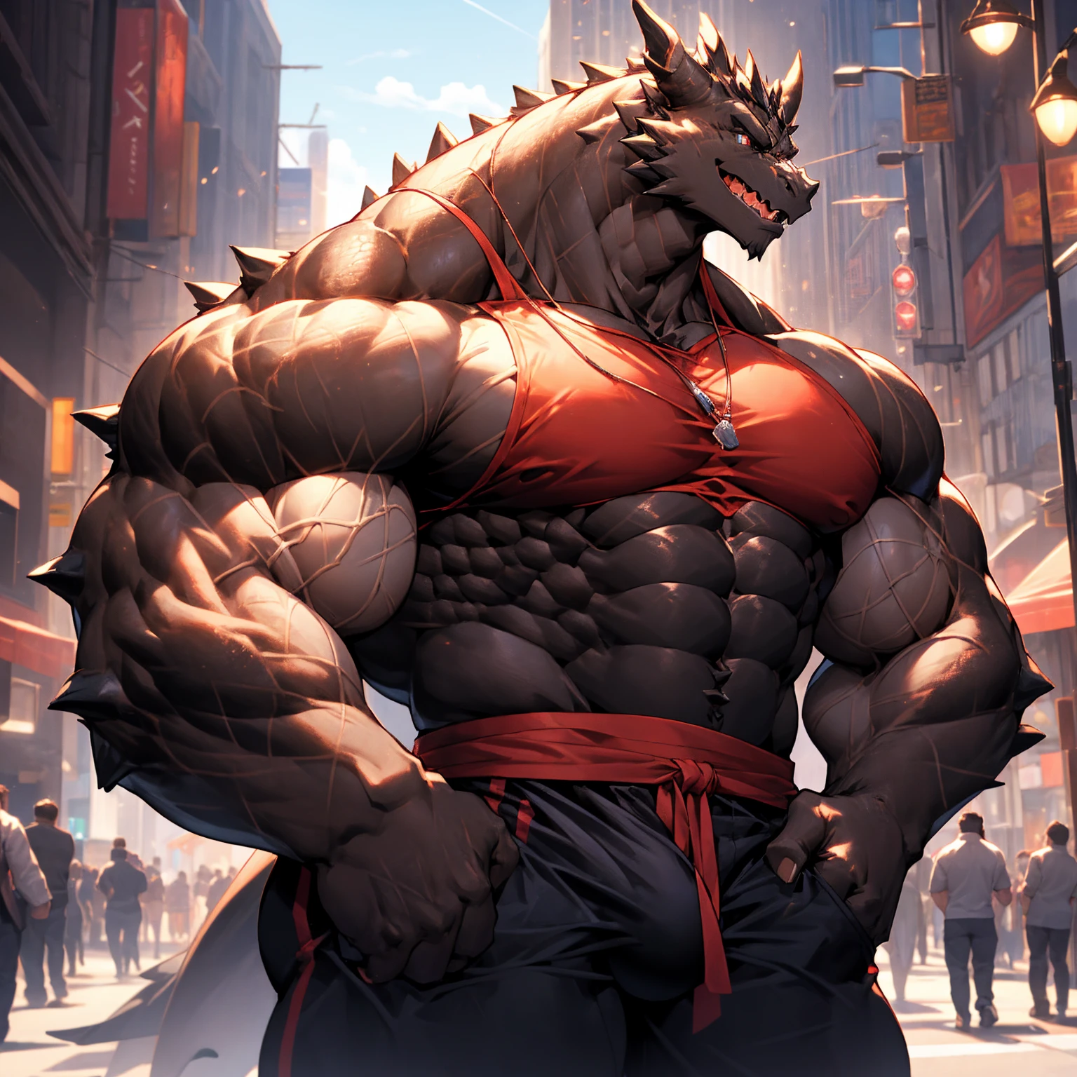 Very muscular black dragon, big pecs, heavy weight, bodybuilder build,  large bulge, standing while playing with a smartphone, in the public full of building, bright smile expression, glistening skin, vibrant color, 4k, realism, cool lighting