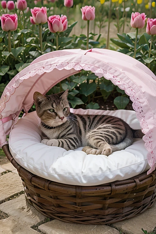 gatito dormido en un campo de tulipanes rosas