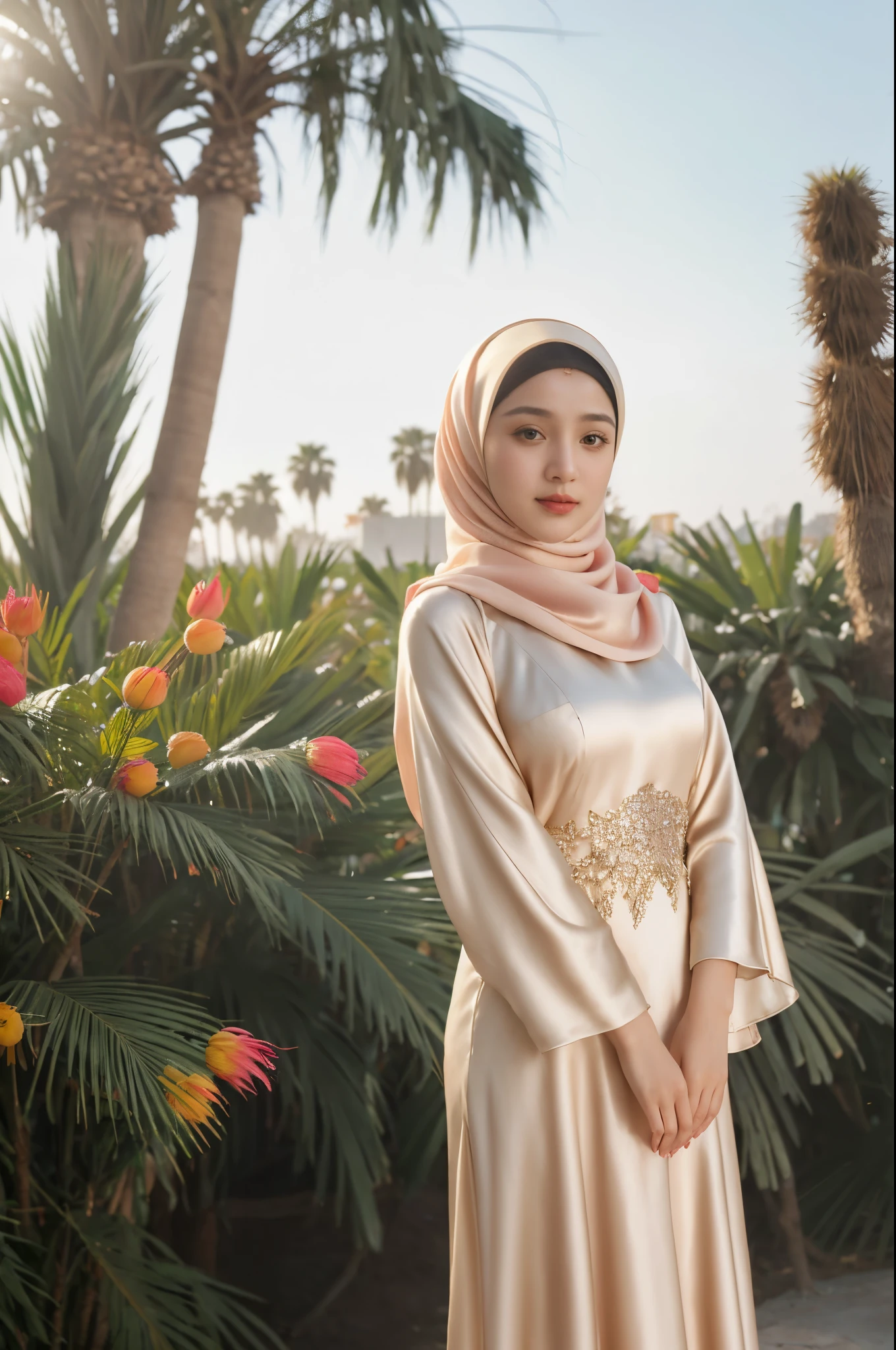 RAW photo of a 24 year old girl wearing hijab, satin Flowers, satin, hijab face portrait,  ((date palm garden background)), 8k uhd, dslr, soft lighting, high quality, film grain, Fujifilm XT3, covered dress, decent dress, Giganitic  1:5