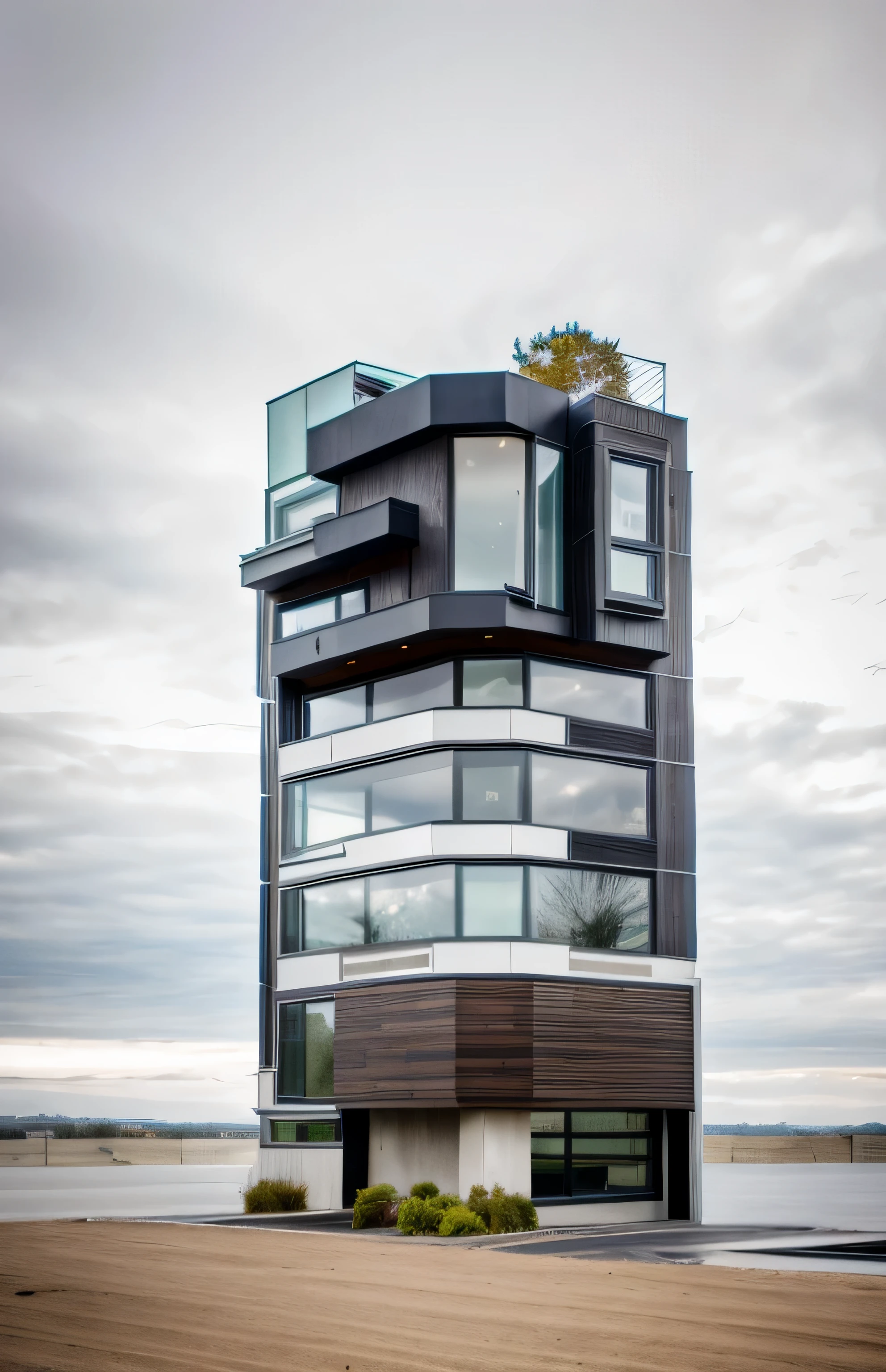 house exterior contemporary style, modernism, glass doors and windows,black metal rail, conwood ceilling, masterpiece, highquality, realistic photo, canon eos 5D mark, natural light, 