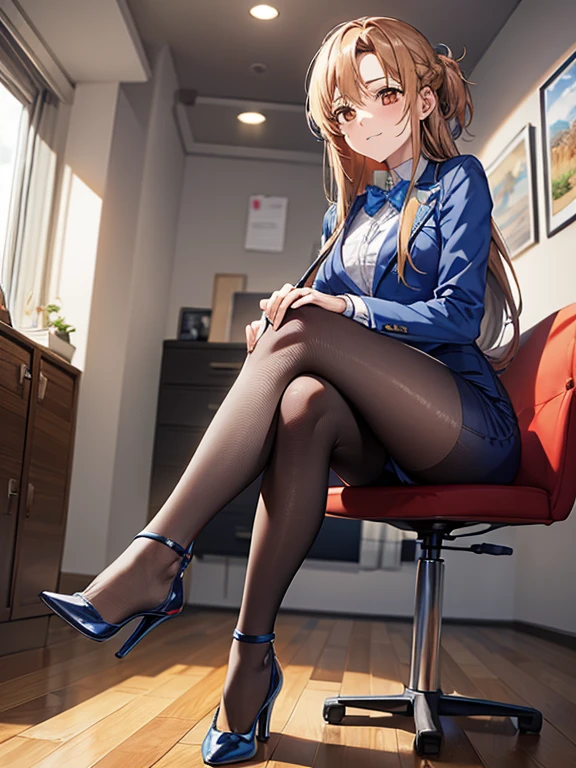 highest quality、unity 8k wallpaper、32k、masterpiece、Super detailed、ultra high resolution、highly detailed face、Raw photo、Professional、Ultra-fine painting、fine metal texture、fine fabric texture、1 girl, suit, office、 company employee、(((officeレディー, blue skirt, collared shirt、blue blazer, pencil skirt、pantyhose、stiletto heels))), long hair, Elite Employee Yuuki Asuna, 22 years old, short smile、sit on a chair、cross your legs