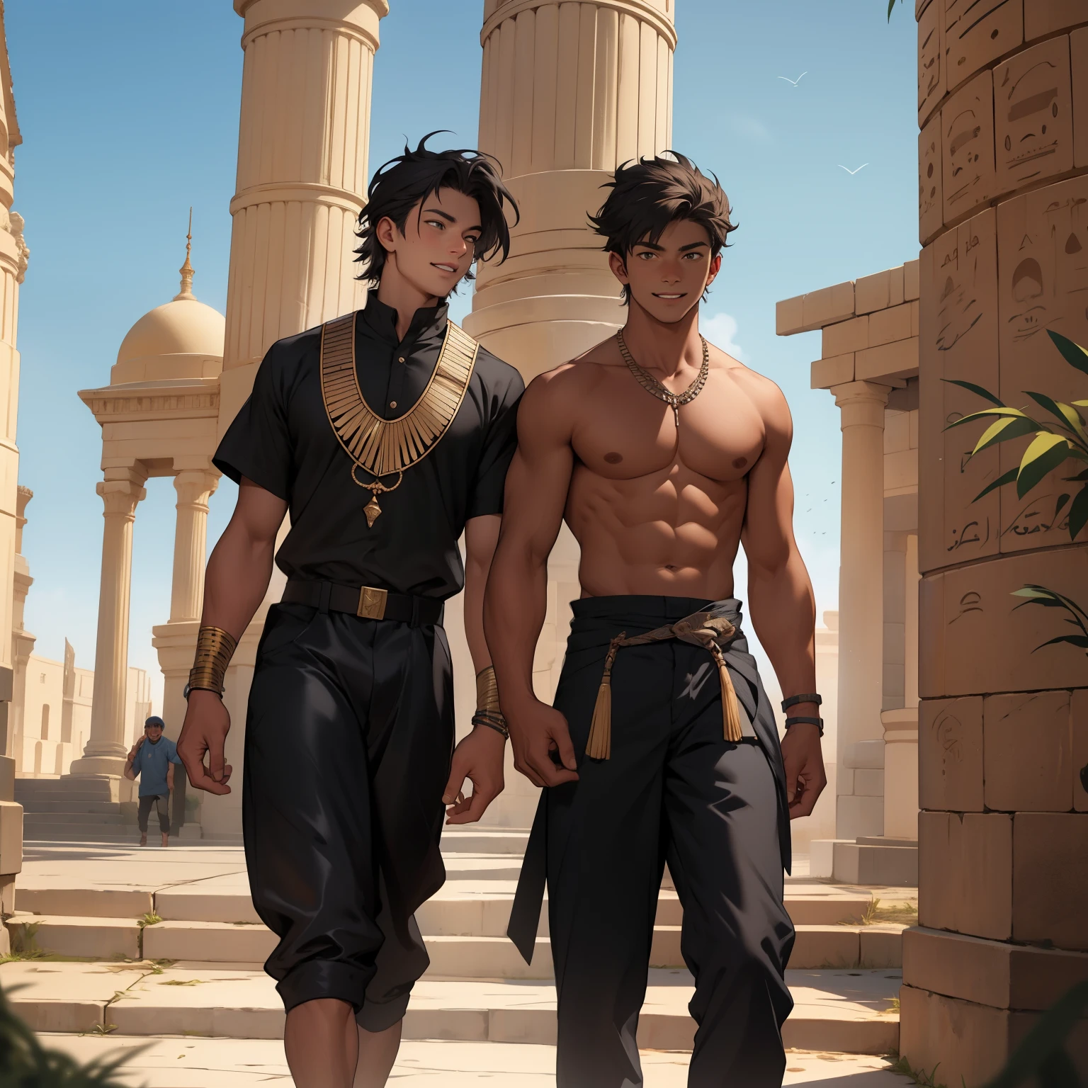 hay dos chicos delgados del antiguo egipto paseando sonrrientes