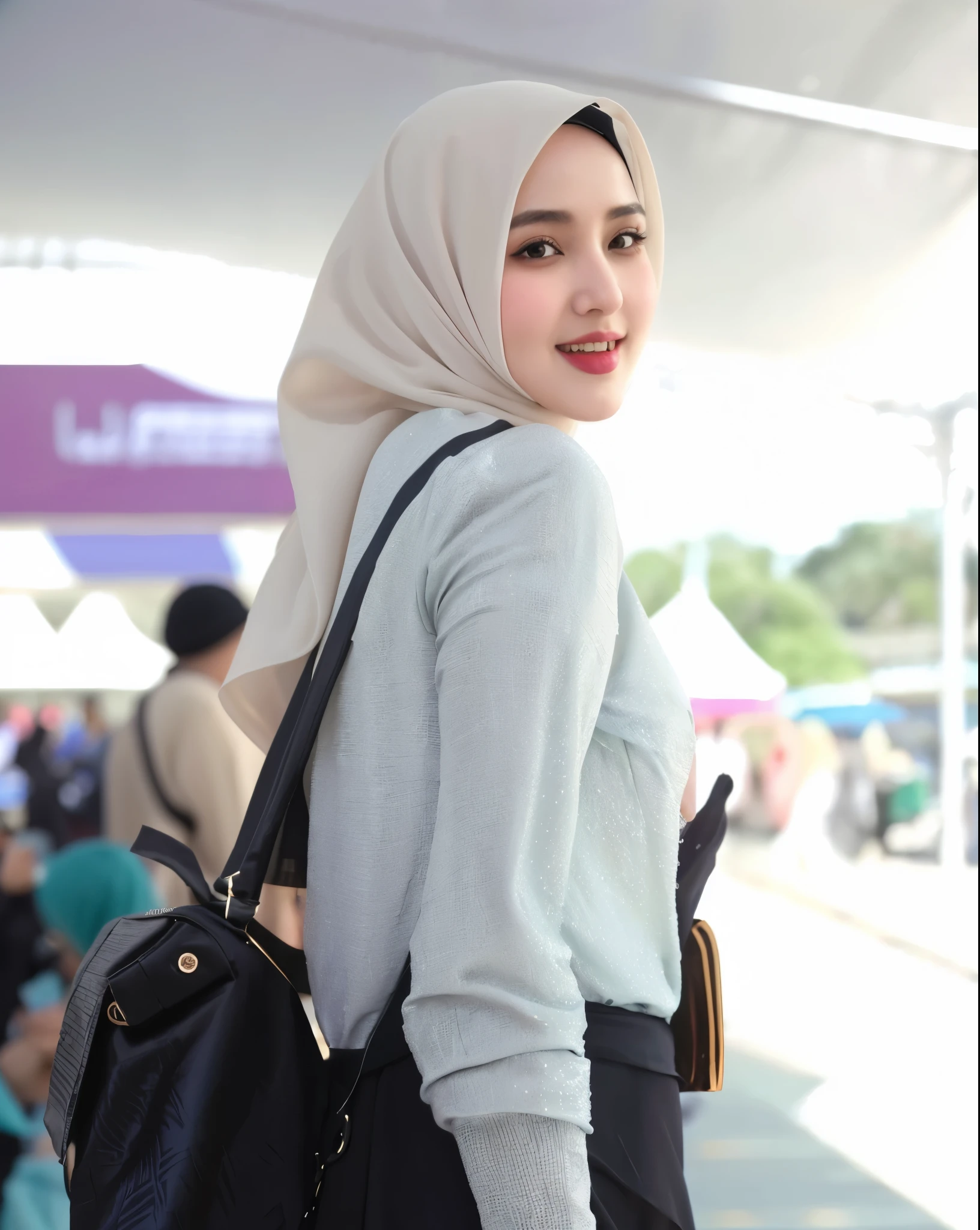 RAW photo of a 24 year old girl wearing hijab, satin abaya sexy sea foam , satin, hijab face portrait,((tp background)), 8k uhd, dslr, soft lighting, high quality, film grain, Fujifilm XT3, covered dress, patterned dress, gigantic breasts:1.5