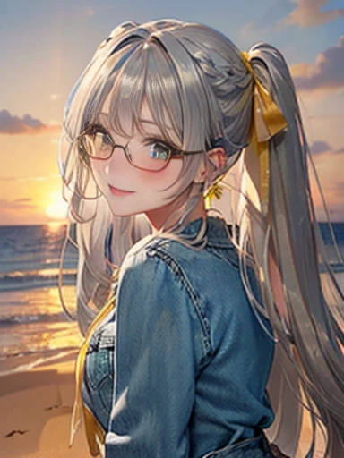 (Glasses)、The arrival of autumn、big butt、big butt、 Super detailed,bright colors, very beautiful detailed anime face and eyes,highest quality, hyper detail, masterpiece, look straight, ;shiny_skin,girl, ((long hair、gradation hair , Half silver hair、half yellow hair: 1.5)) 、forehead is exposed、shiny hair, delicate beautiful face, blush、(turquoise eyes), White skin, Valletta, Mature earrings,、sandy beach、sunset、((ribbon、(check、See-through、Brown denim skirt)))、twin tails、smile、happy face、face dyed red、dynamic