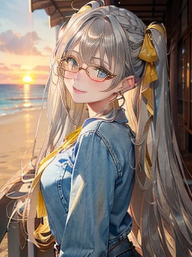 (Glasses)、The arrival of autumn、big butt、big butt、 Super detailed,bright colors, very beautiful detailed anime face and eyes,highest quality, hyper detail, masterpiece, look straight, ;shiny_skin,girl, ((long hair、gradation hair , Half silver hair、half yellow hair: 1.5)) 、forehead is exposed、shiny hair, delicate beautiful face, blush、(turquoise eyes), White skin, Valletta, Mature earrings,、sandy beach、sunset、((ribbon、(check、See-through、Brown denim skirt)))、twin tails、smile、happy face、face dyed red、dynamic