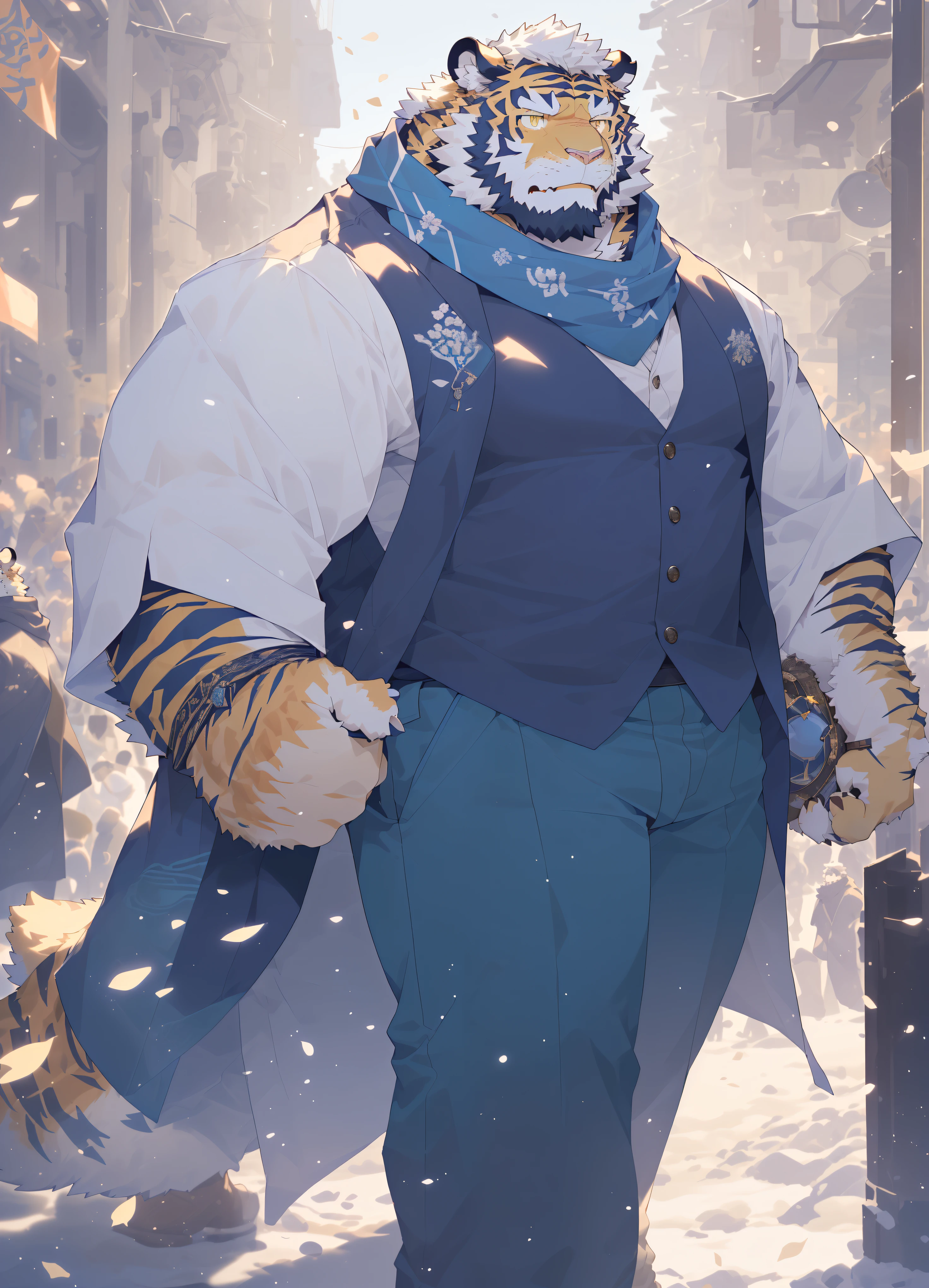 hairy,( tiger,tiger_beast((fluffy fur,fluffy,hairy ), , yellow eyes, scarf,fluffy tail ,uncle, blue clothes,blue pants ,Blue feather coat),beard,Golden Retriever Fur,white short hair,male,brown pupils,Common,Keep fingers away,full-body shot,Detailed background,Extremely lifelike shade,masterpiece,Very detailed,lifelike