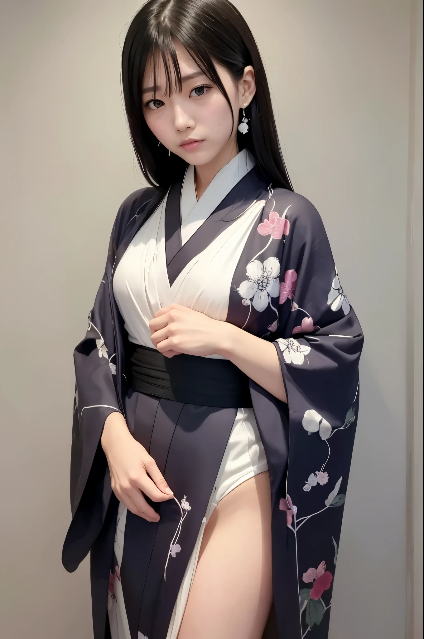 Sadako has a unique atmosphere that exudes eeriness and fear.。Sadako、enchanting smile:1.5,Long black hair hiding her eyes in a white kimono、Appearance is creepy but attractive、flat chest.is standing,stand,flat chestにセクシーin妖艶な立ち脚が魅力的inす♪スプレッド、sweaty crotch、wet crotch、wet crotch、right arm and leg、correct position、delicate、muste piece、beautiful details、colorful、finely、detailed lips、intricate details、(1 woman:1.5)、(Gorgeous in beautiful 30 year old sexy Korean woman:1.1)、(50mm sigma f / 1.4 ZEISS lenses、F1.4、1/800 seconds、ISO100、photography:1.1)flat chest。(photorealistic:1.1)、solo、looking_in_viewer、tall woman、、happy smile、a_From front、earrings、slim_Legs、skinny、Thigh_The Gap、model、Lens flare、choker、(Detailed kimono silhouette:1.5)、Korean explanation、Asian_Street、Asian_traditional_Duan、1 boy、vagina、Gonzo、flat chest:1.5 same、elegant、lift the hem:1.5